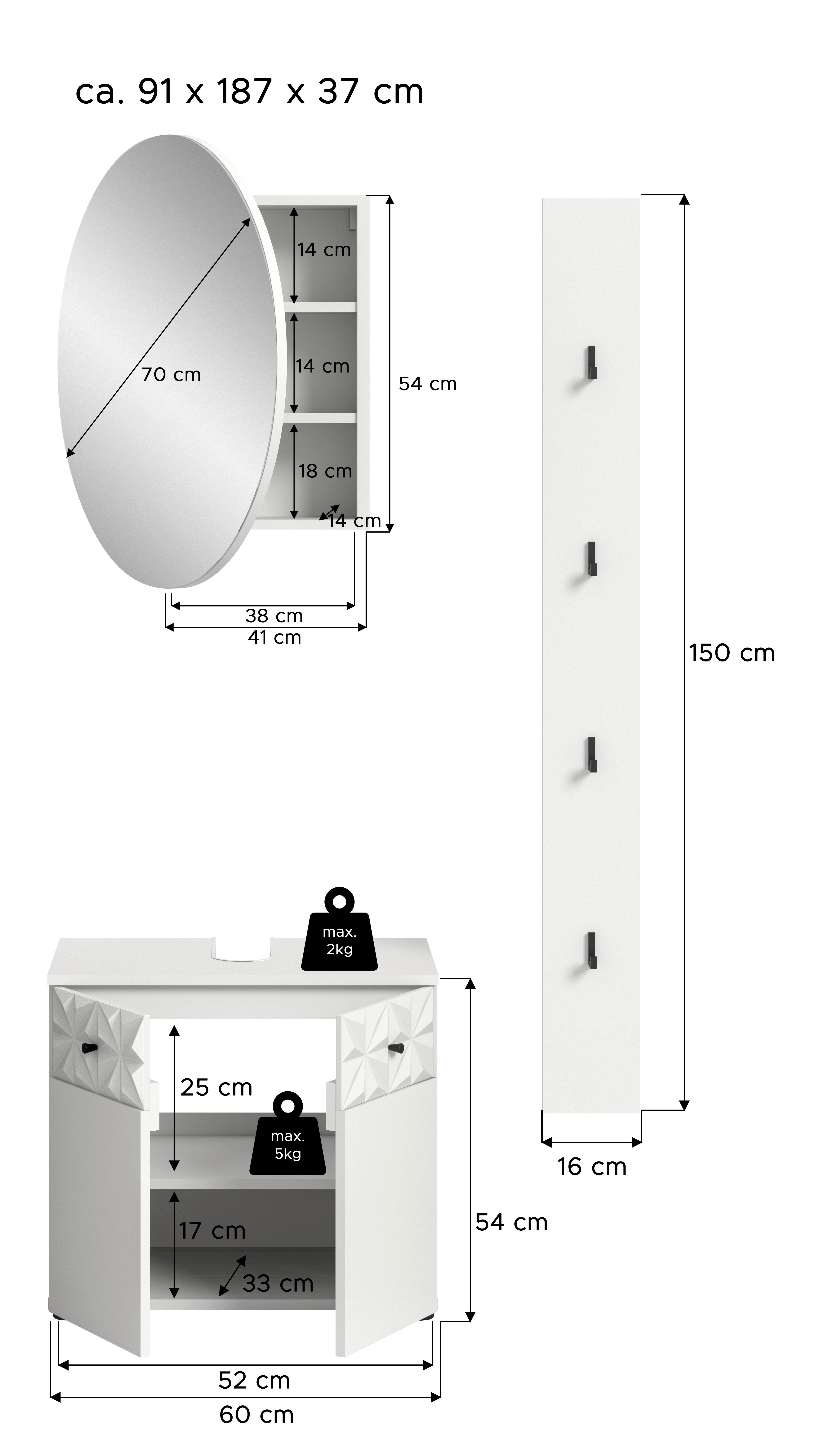 Kopalnica Prisma, Bela, 3-Delna - črna/bela, Moderno, kovina/steklo (130cm) - MID.YOU