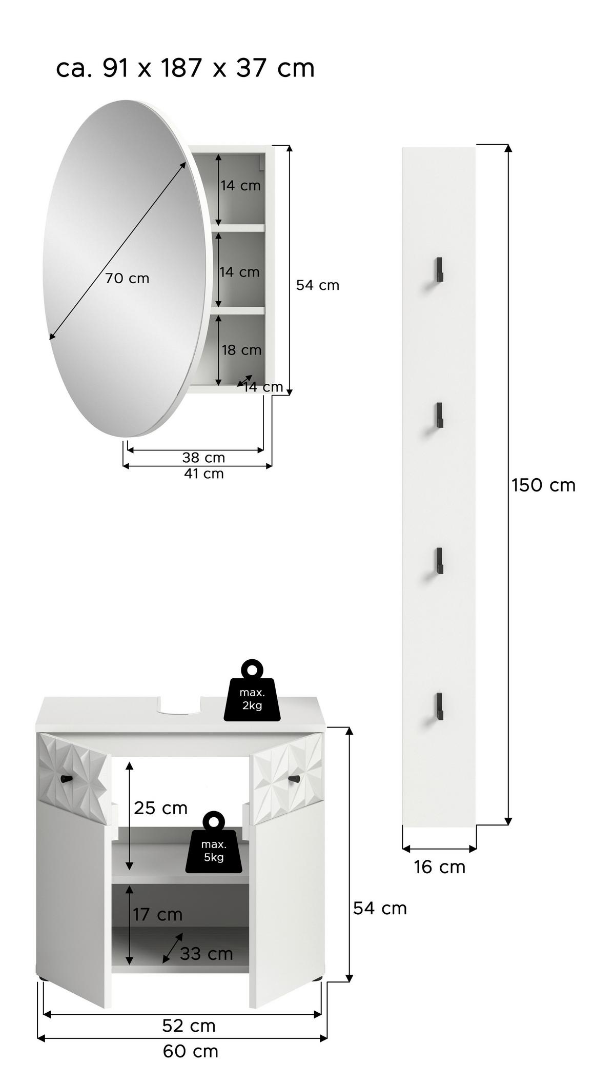 Kopalnica Prisma, Bela, 3-Delna - črna/bela, Moderno, kovina/steklo (130cm) - MID.YOU