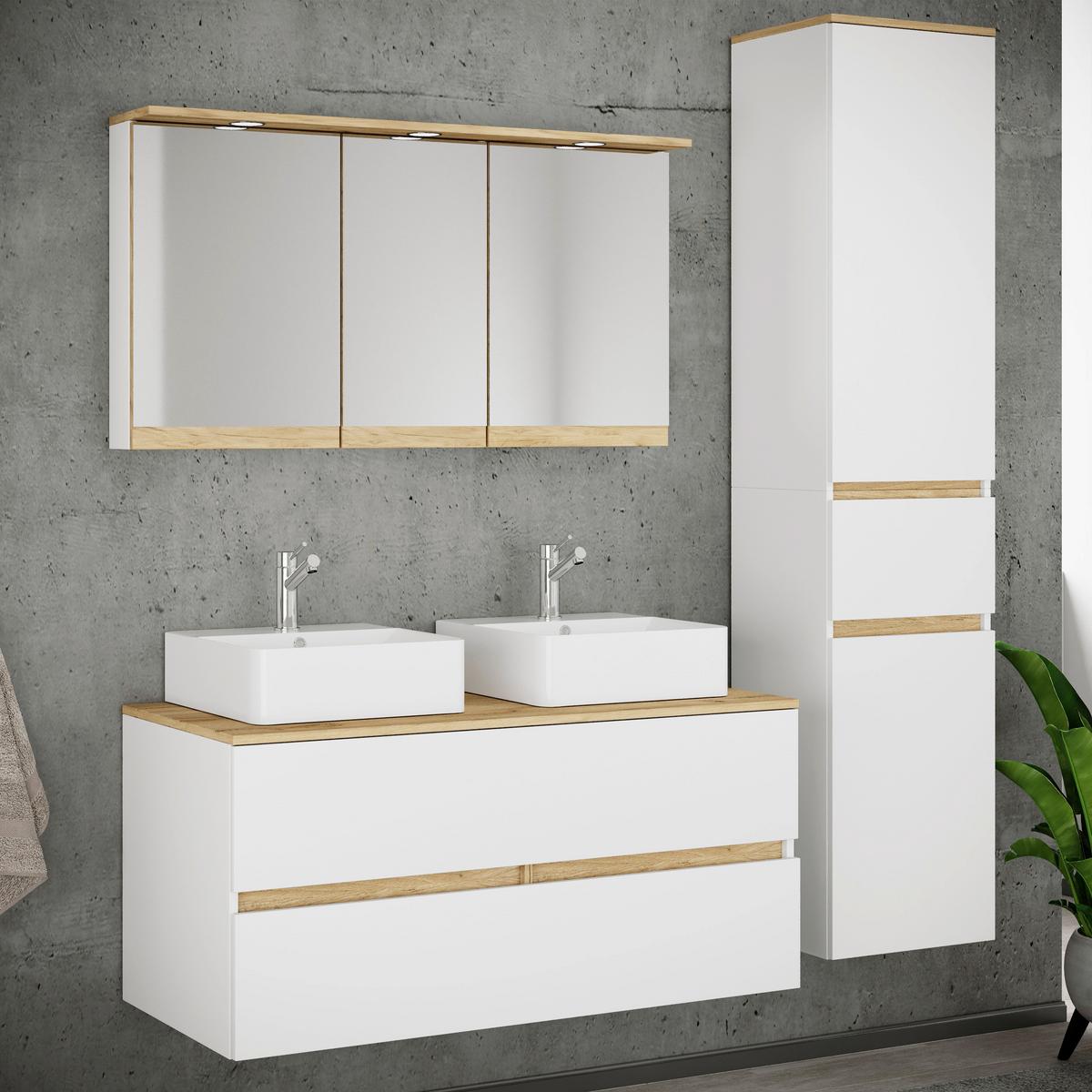 Badezimmer Cosila - Honigeiche/Weiss, Trend, Keramik/Holzwerkstoff (151cm) - MID.YOU