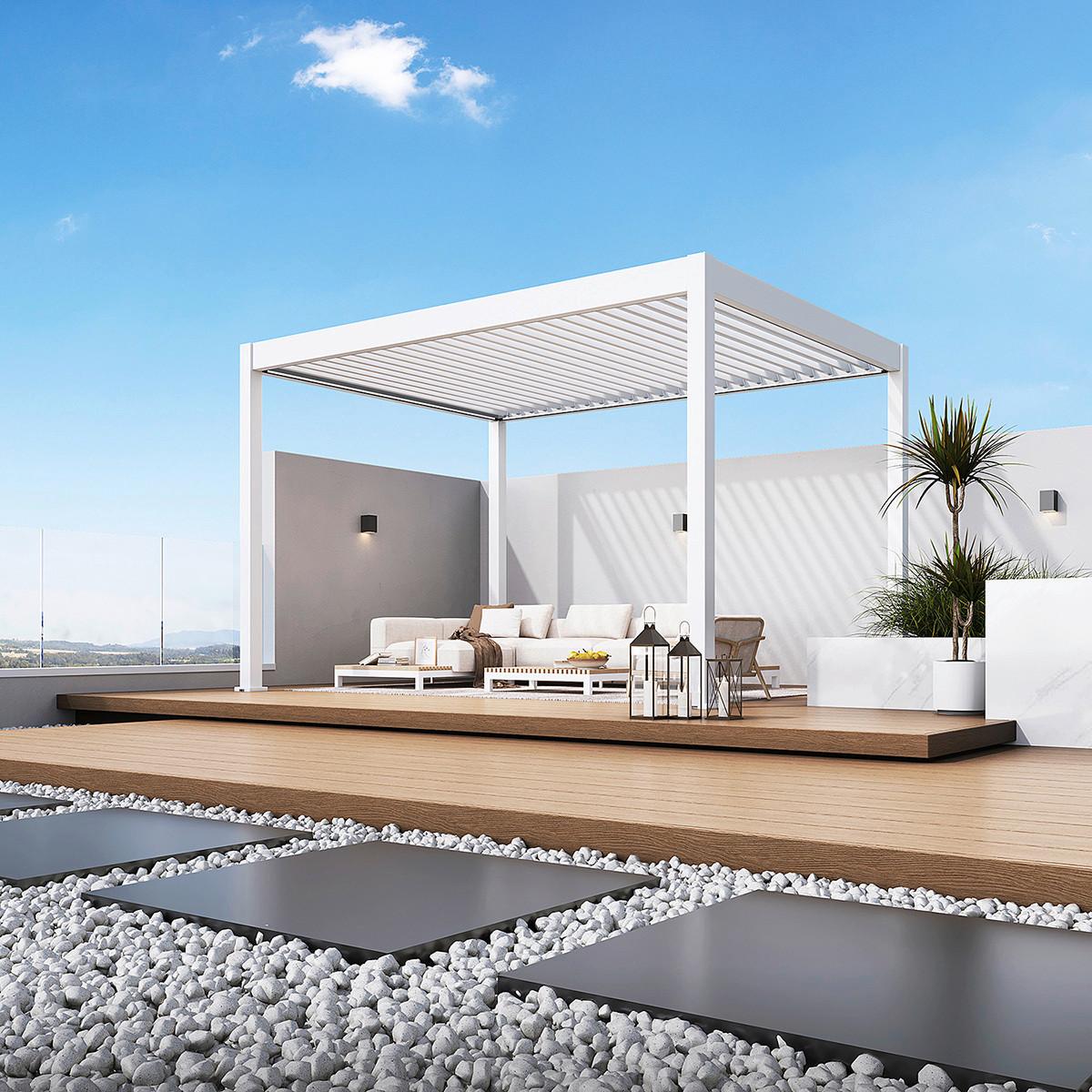 Pergola E-superior, Bela, Osvetlitev, 3x4m - bela/visoki sijaj, Basics, kovina (300/255/400cm) - Gardenson