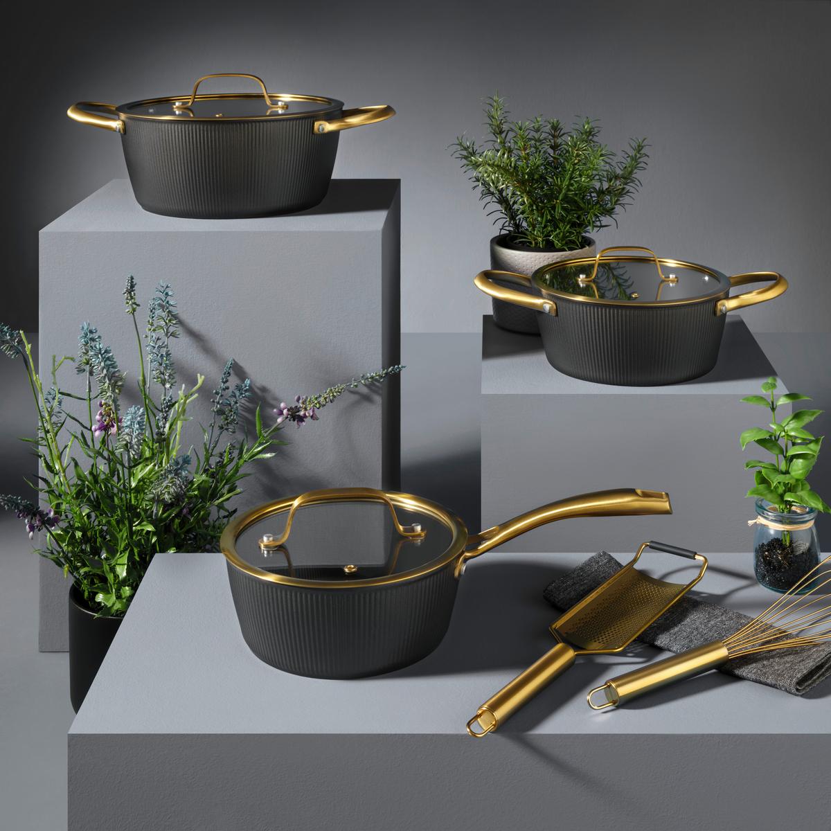 Kochtopfset Goldy Schwarz/Goldfarben, 6-teilig - Klar/Goldfarben, MODERN, Glas/Metall - Mömax