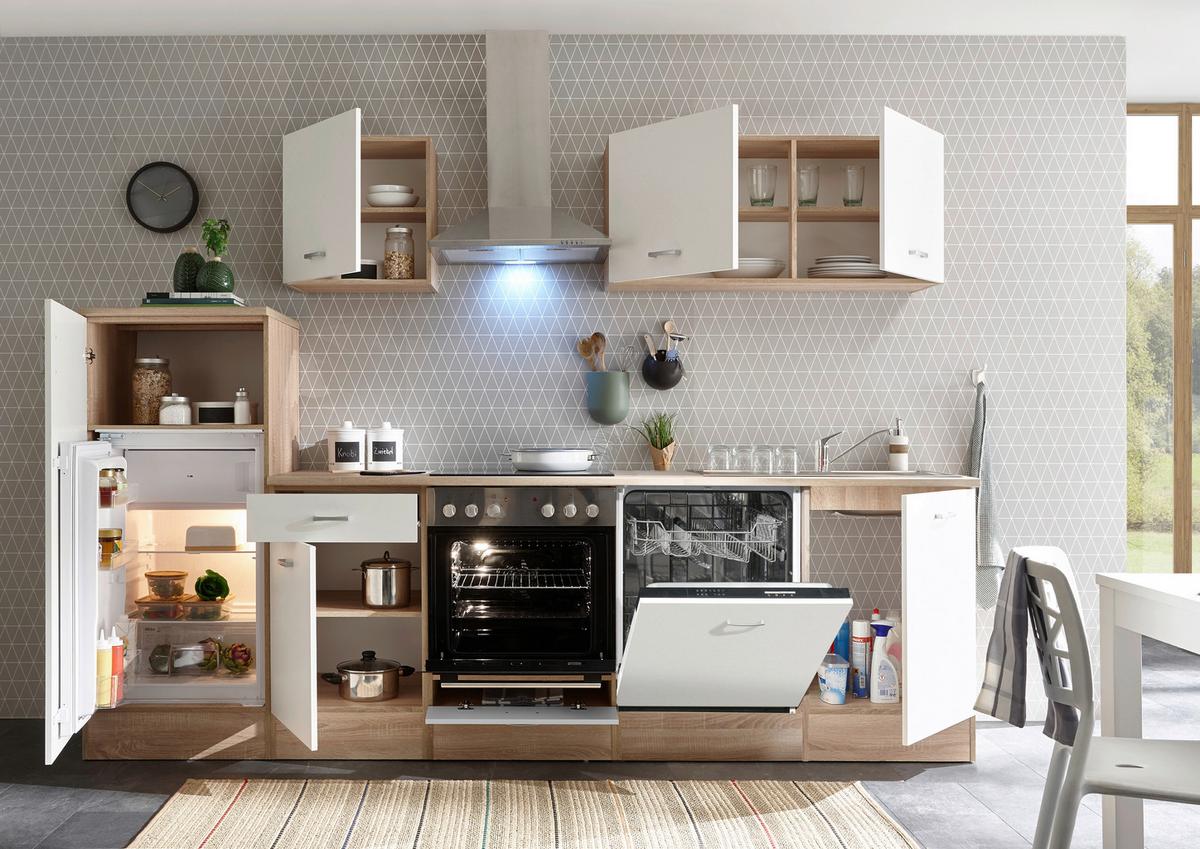 Küchenblock Andy mit Geräten ca. 280 cm Weiß/Eiche - Silberfarben/Weiß, MODERN, Holzwerkstoff/Kunststoff (280cm) - P & B