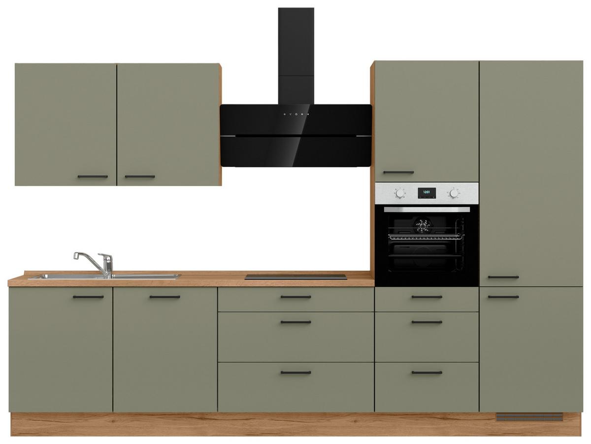 Küchenleerblock Senso High o. Geräte Olivgrün - Eichefarben/Schwarz, ROMANTIK / LANDHAUS, Holzwerkstoff/Metall (330cm) - Nobilia