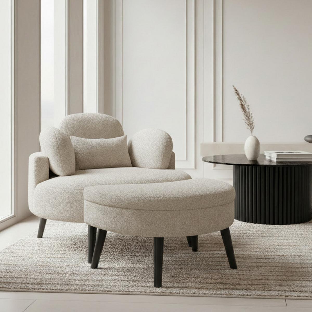 Sessel Bianca mit Hocker Chenille Grau - Naturfarben/Grau, MODERN, Holz/Textil (111/69/152cm) - Bessagi Home