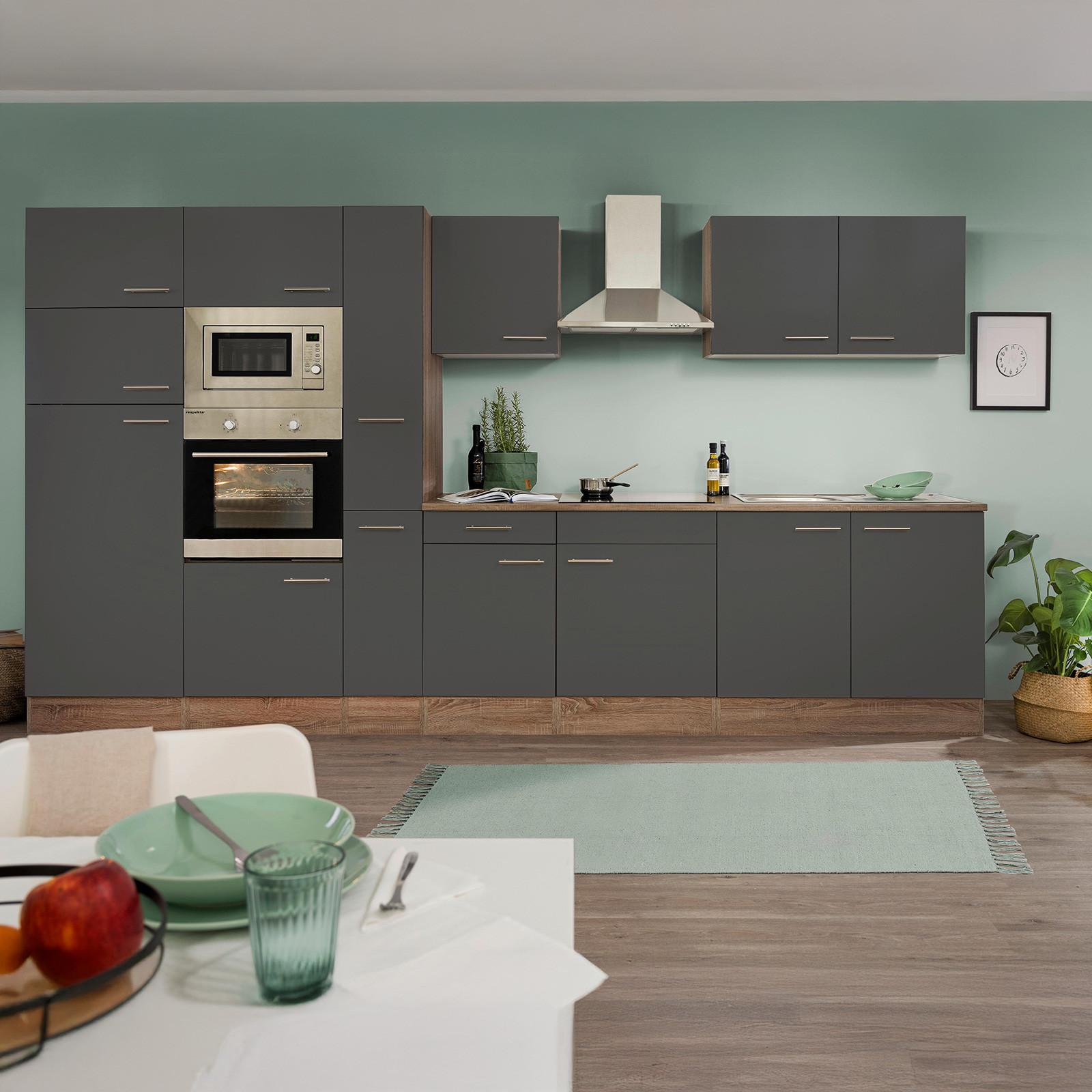 Küchenblock mit Geräten Grau/Eiche B: ca. 360 cm - Edelstahlfarben/Eichefarben, Design, Holzwerkstoff/Metall (360cm) - Respekta