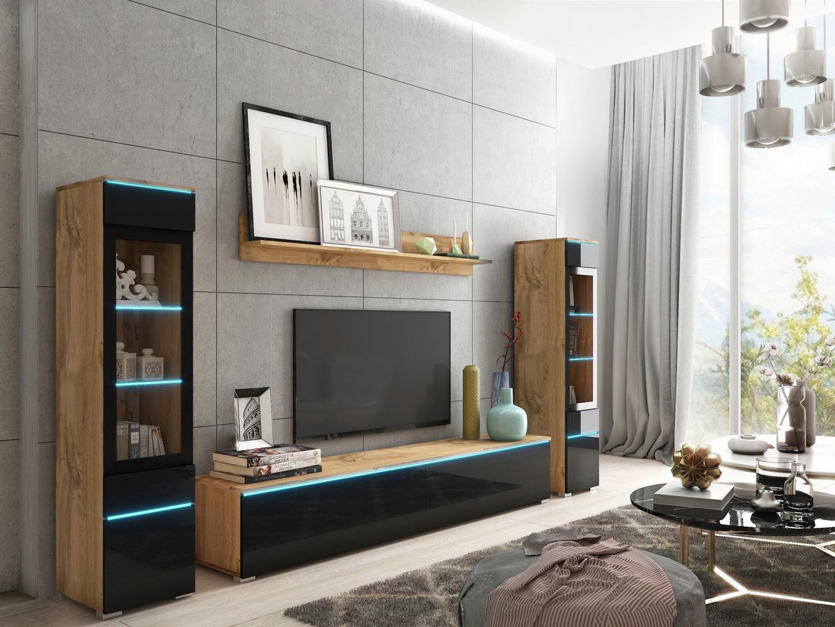 Dnevni Regal Vera, Črna, Barva Hrasta, 4-Delno, Led - hrast wotan/črna, Trendi, umetna masa/steklo (240/130/33cm) - P & B