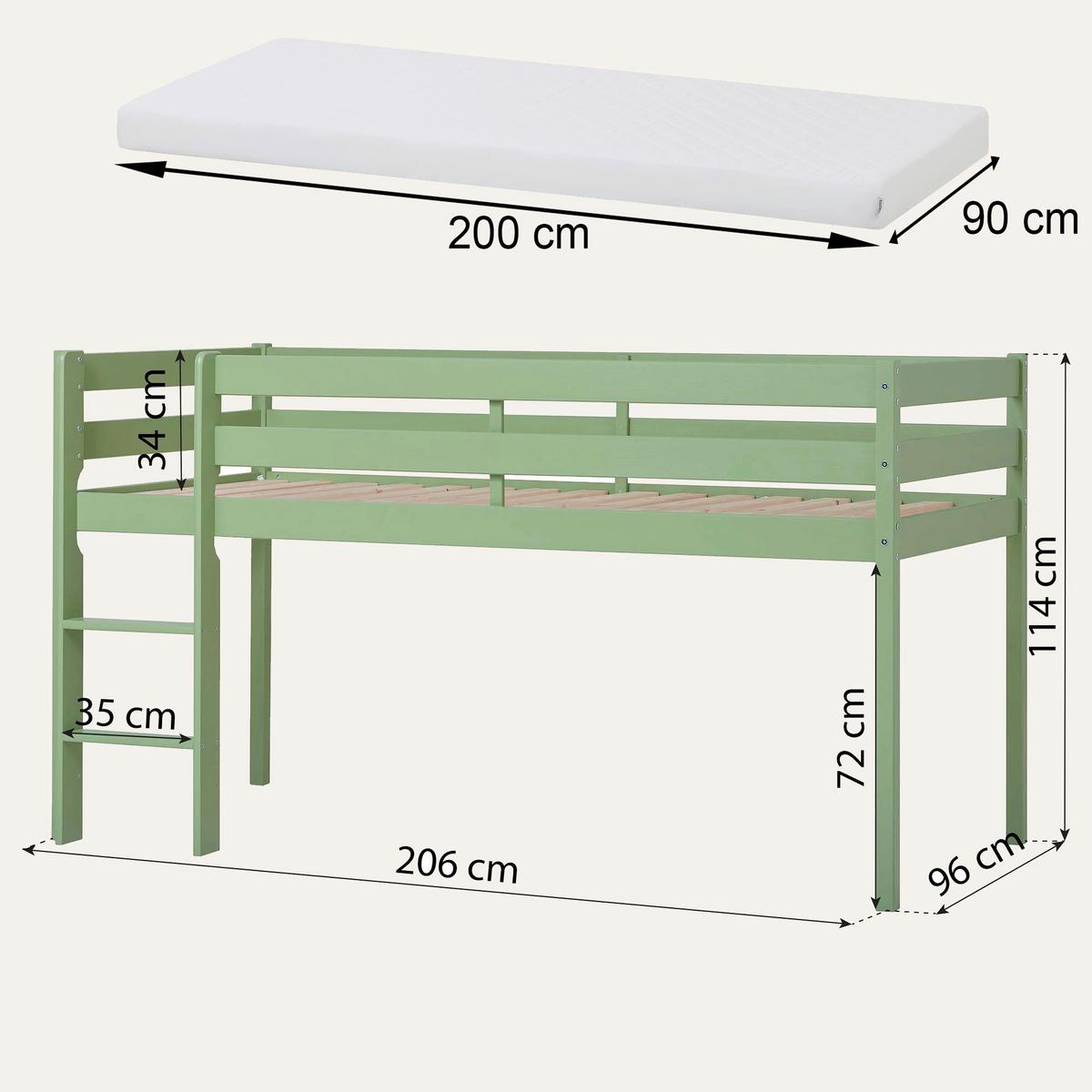 Hochbett ECO COMFORT Grün ca. 90x200 cm - Naturfarben/Grün, MODERN, Holz (90/200cm) - MID.YOU