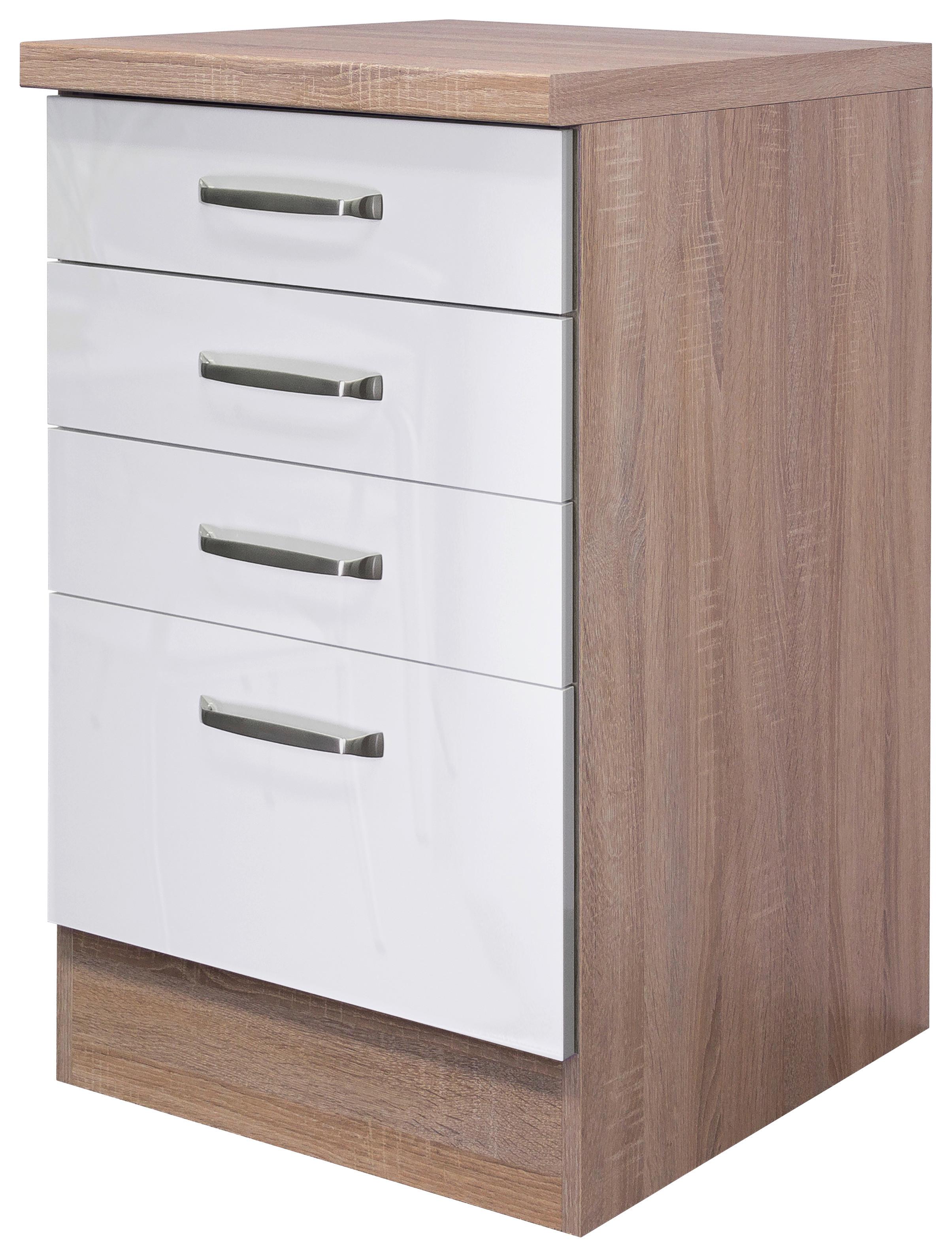 Schubkastenunterschrank Weiß Hochglanz/Eiche - Edelstahlfarben/Weiß Hochglanz, MODERN, Holzwerkstoff/Metall (50/86/60cm) - FlexWell
