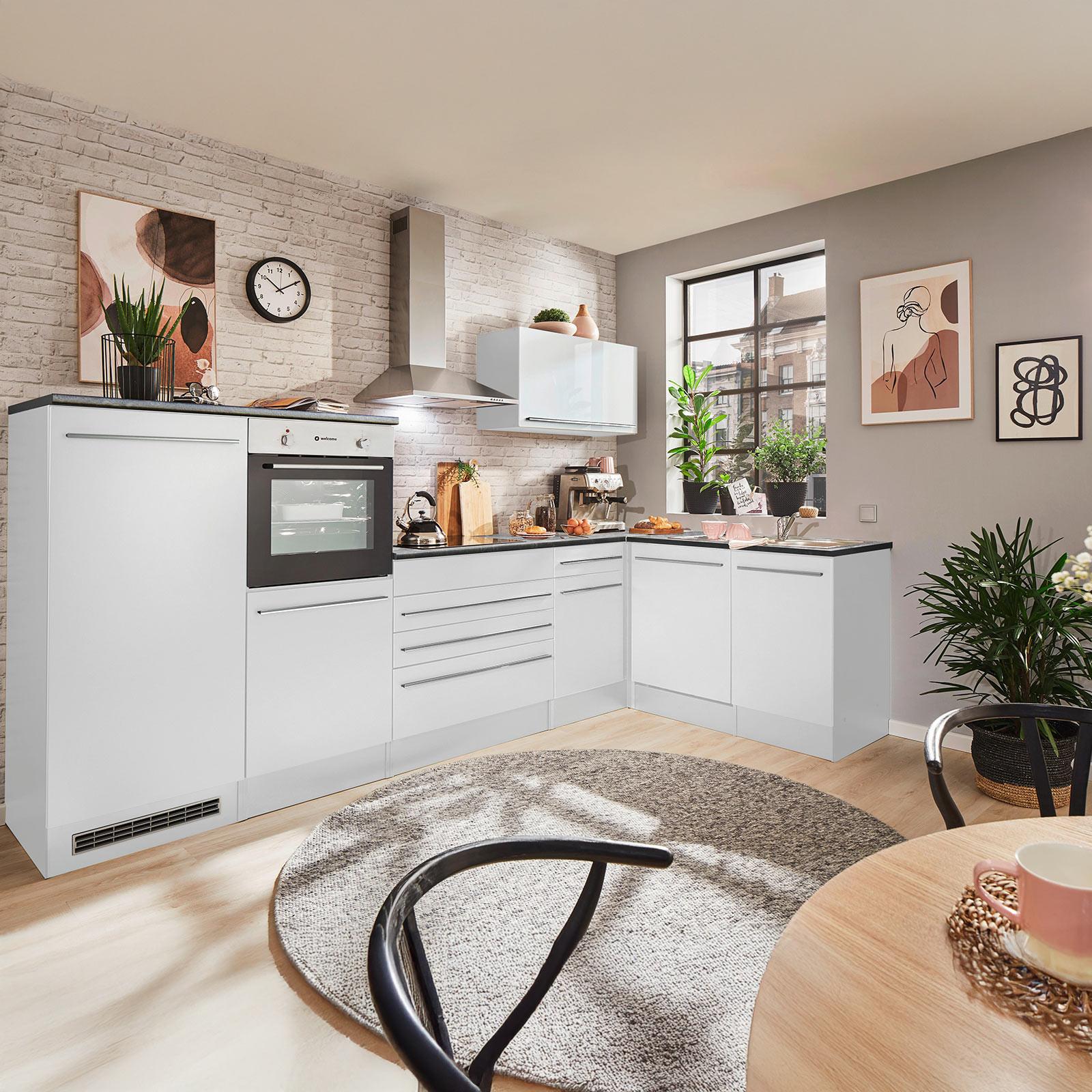 Eckküche Jazz mit Geräten ca.320x175cm Weiß Hochglanz - Weiß Hochglanz/Anthrazit, Basics, Holzwerkstoff/Kunststoff (320/175cm) - P & B