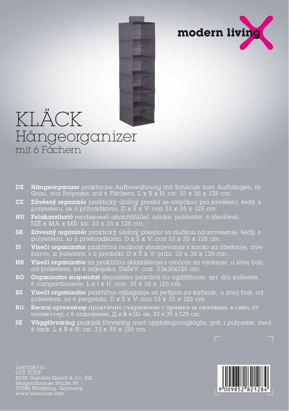 Felakasztható Rendszerező Kläck - szürke, Konventionell, karton/textil (33/125/35cm) - Mömax