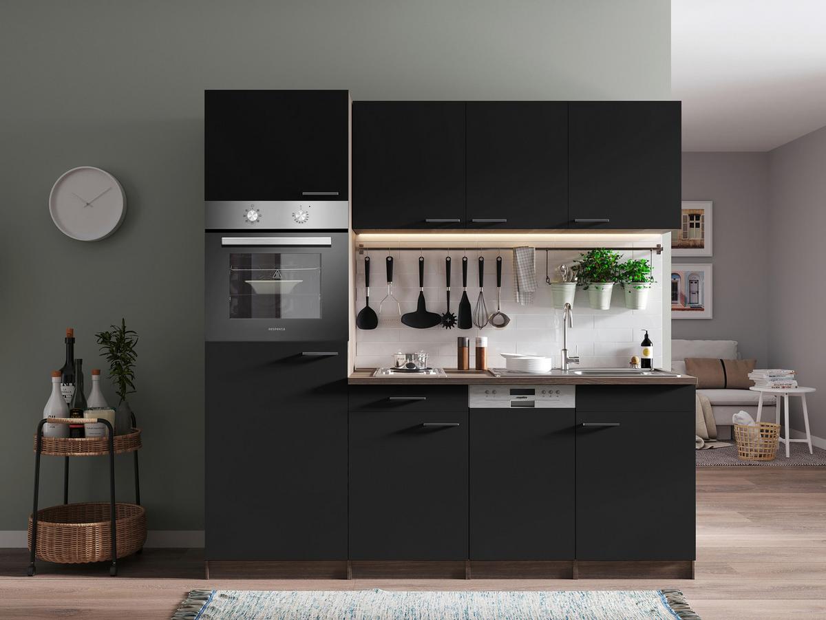 Küchenblock Oliver mit Geräten ca. 205 cm Schwarz - Eichefarben/Schwarz, Basics, Holzwerkstoff/Kunststoff (205cm) - Respekta