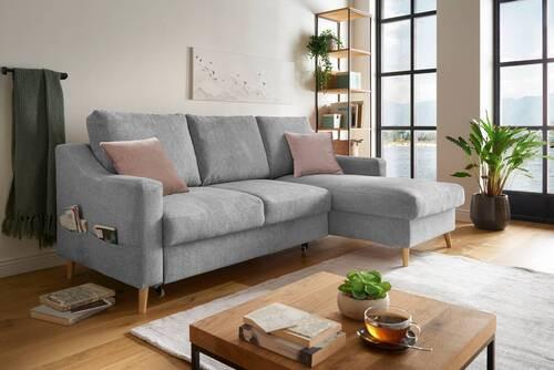 Wohnlandschaft Valentina Grau Mikrofaser - Dunkelrosa/Naturfarben, Design, Holz/Textil (228/150cm) - MID.YOU