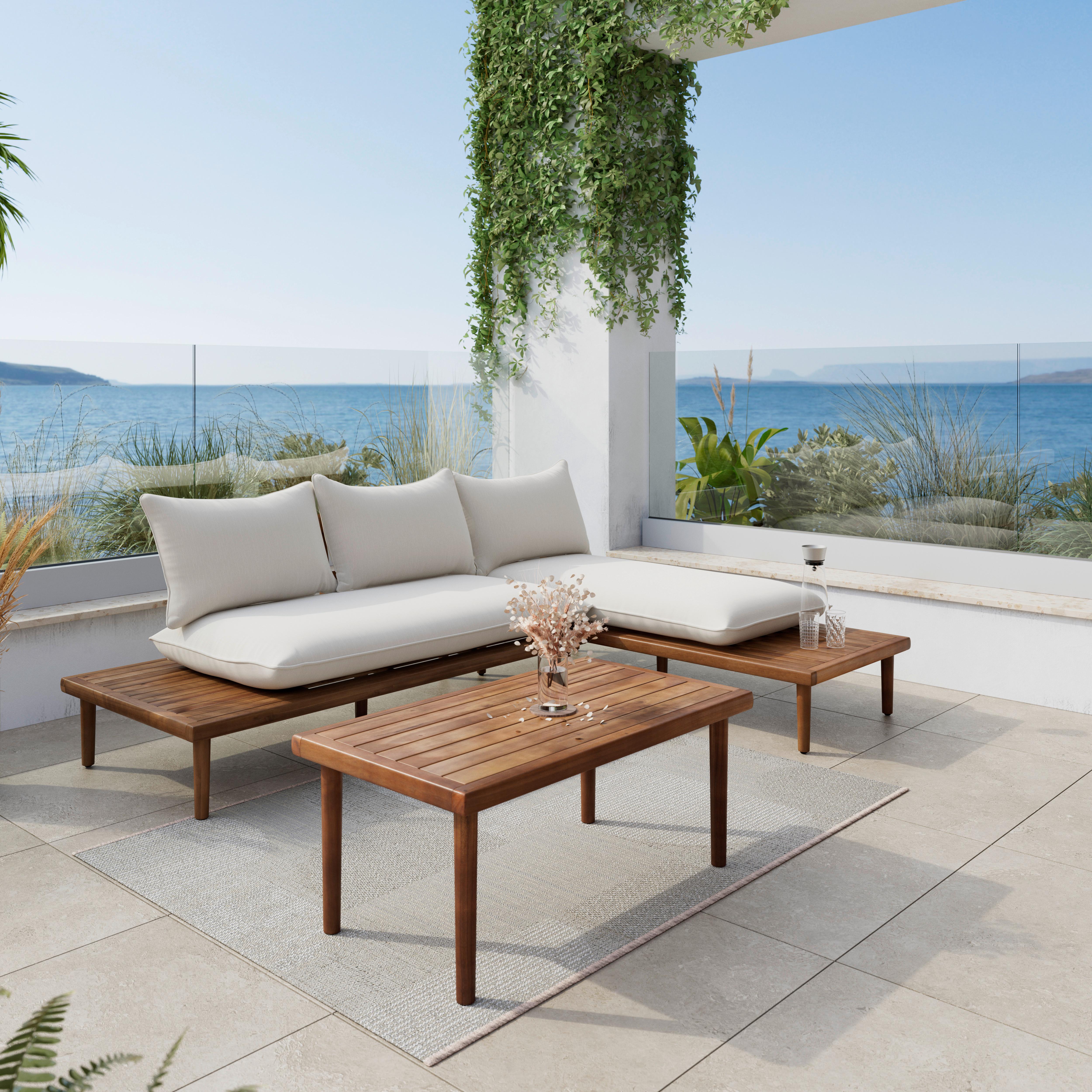 Loungegarnitur Dona Creme Outdoorstoff/Metall +Abdeckung - Eichefarben/Creme, MODERN, Holz/Textil (213/68/71cm) - Bessagi Garden