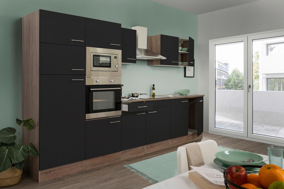 Küchenzeile mit Geräten Eiche farben/Schwarz B: ca. 330 cm - Edelstahlfarben/Eichefarben, Design, Holzwerkstoff/Metall (330cm) - Respekta