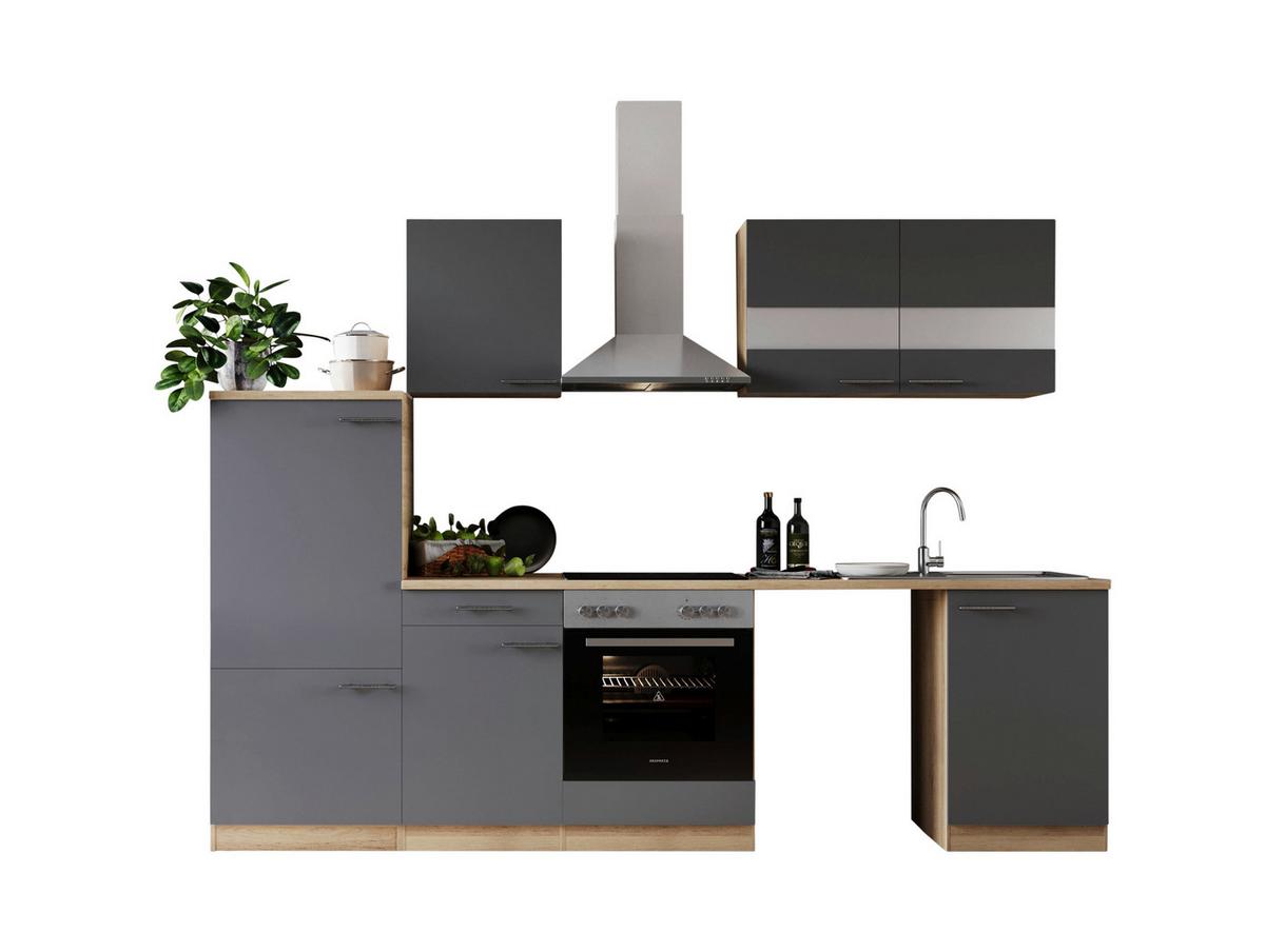 Küchenblock Merle m. Geräten Grau - Edelstahlfarben/Eichefarben, Basics, Glas/Holzwerkstoff (280cm) - Respekta