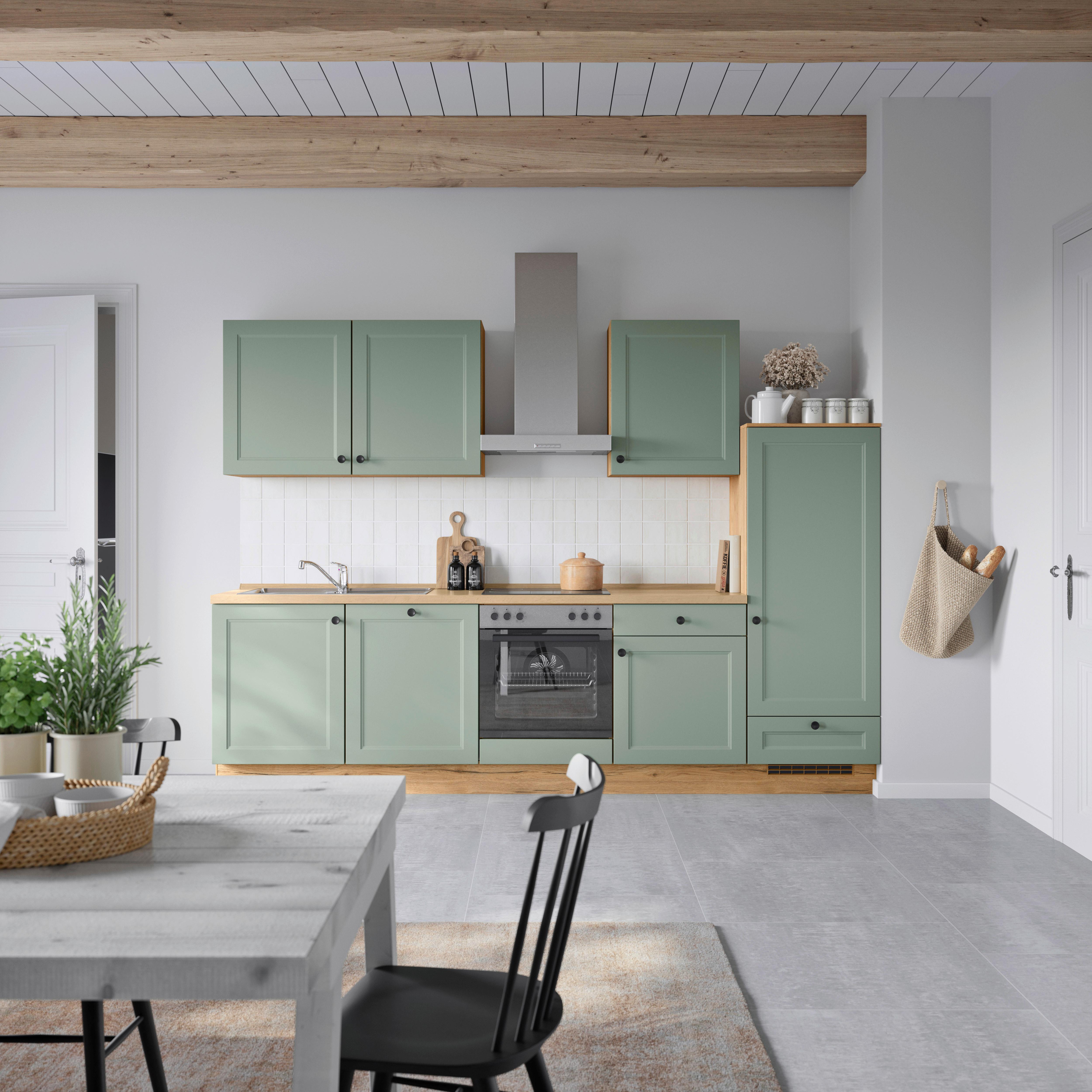 Küchenblock Cascada Low m. Geräten Schilfgrün - Schilfgrün/Eichefarben, MODERN, Holzwerkstoff/Metall (300cm) - Nobilia