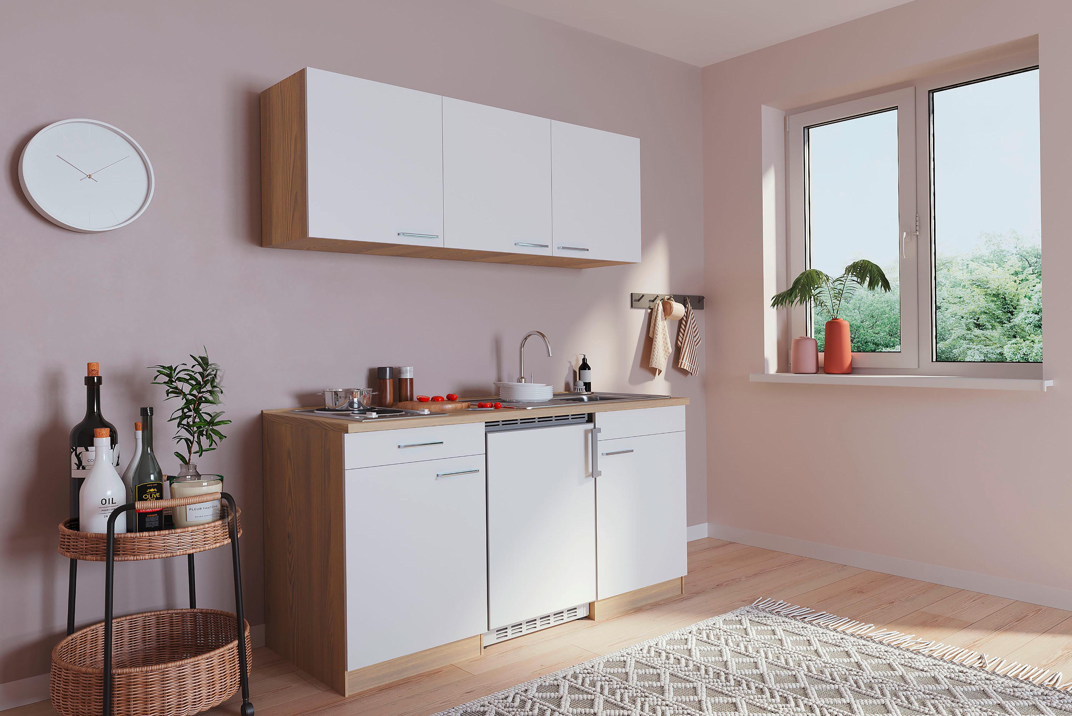 Miniküche Economy m. Geräten B: ca. 150cm Weiß/Eichefarben - Eichefarben/Weiß, Basics, Holzwerkstoff (150cm) - Respekta