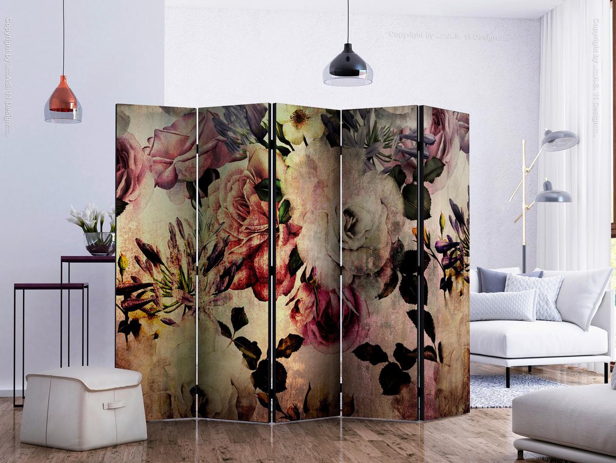 Paravan Nostalgia Flowers, 5-Delni, Akustičen - roza/bež, Basics, umetna masa/tekstil (225/172/3cm) - artgeist