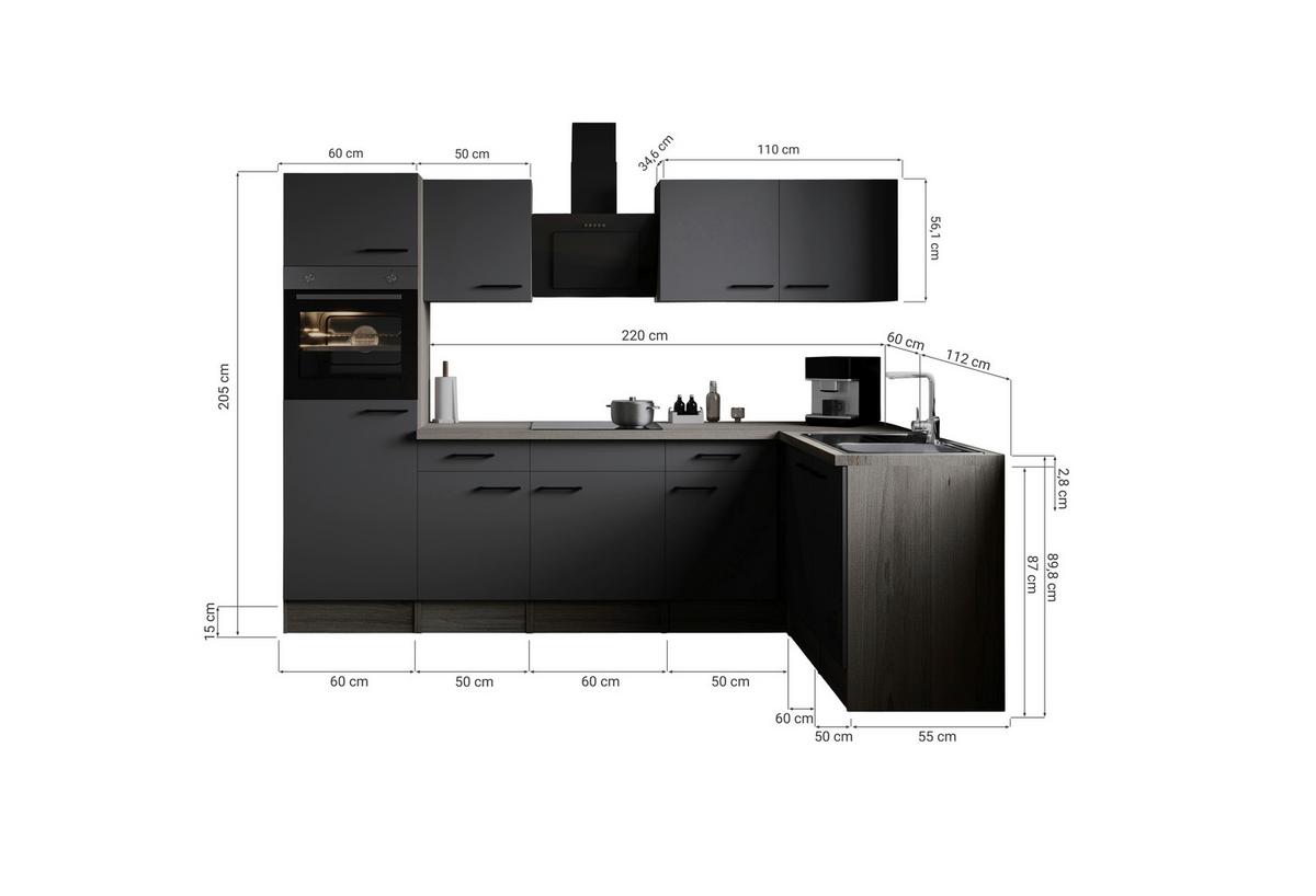 Kotna Kuhinja Z Aparati Oliver, 280x172cm - črna/siva, Design, kovina/leseni material (280/172cm) - Respekta