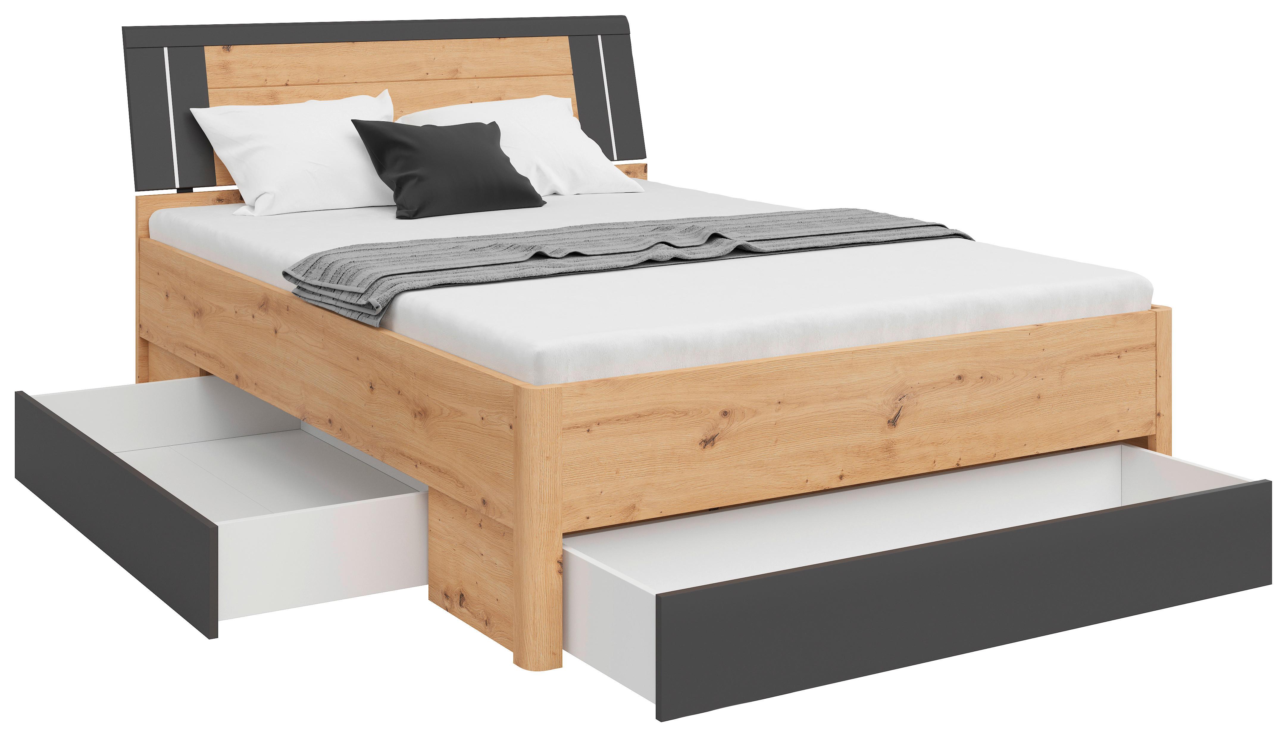Pat cu spațiu de depozitare SATURN 140 - grafit/stejar Artisan, Konventionell, material pe bază de lemn (140/200cm)