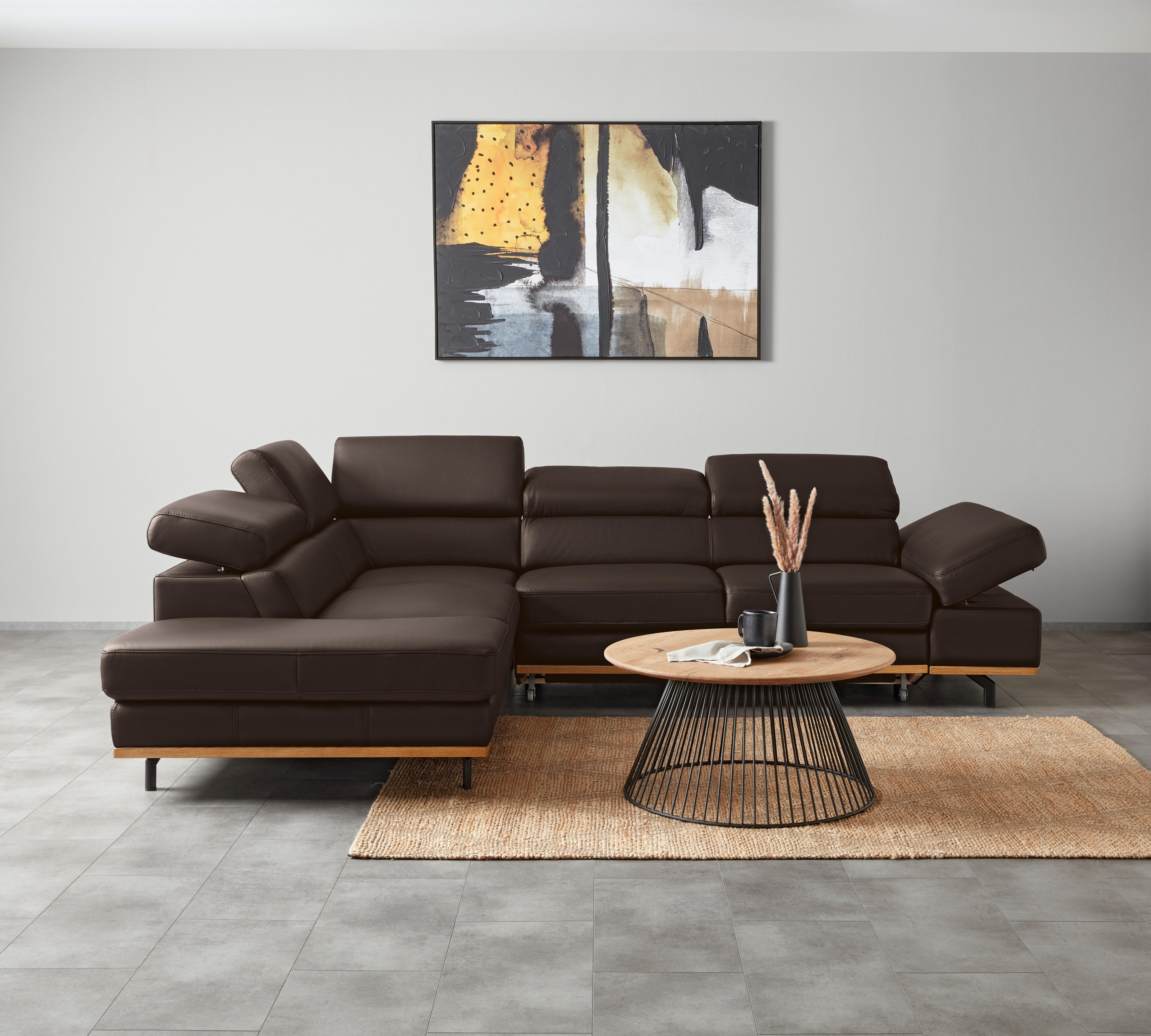 Wohnlandschaft Carmen links Dunkelbraun - Dunkelbraun/Schwarz, MODERN, Leder/Holz (292/72/226cm) - Premium Living