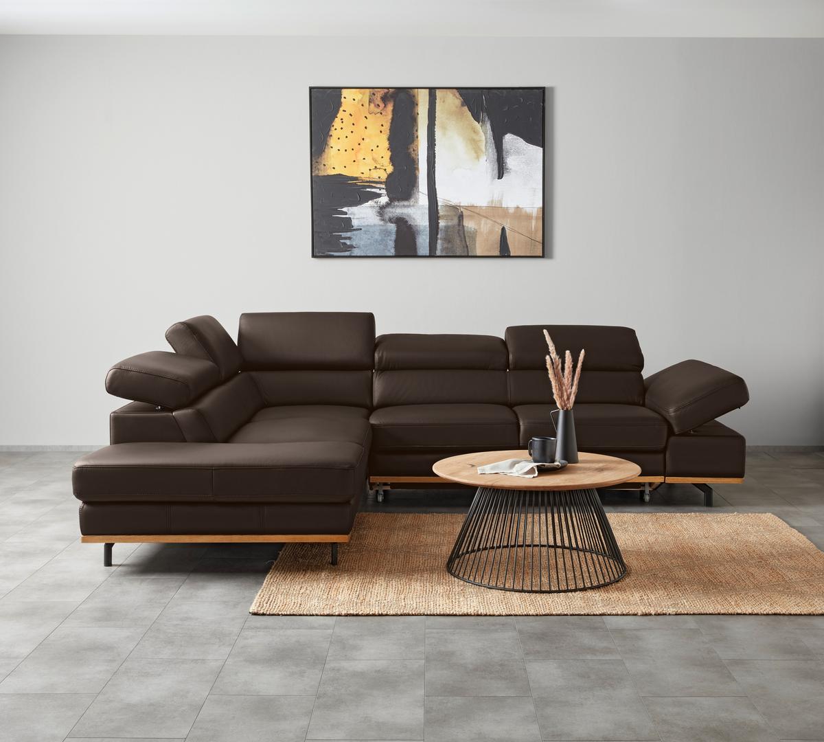 Wohnlandschaft Carmen links Dunkelbraun - Dunkelbraun/Schwarz, MODERN, Leder/Holz (292/72/226cm) - Premium Living