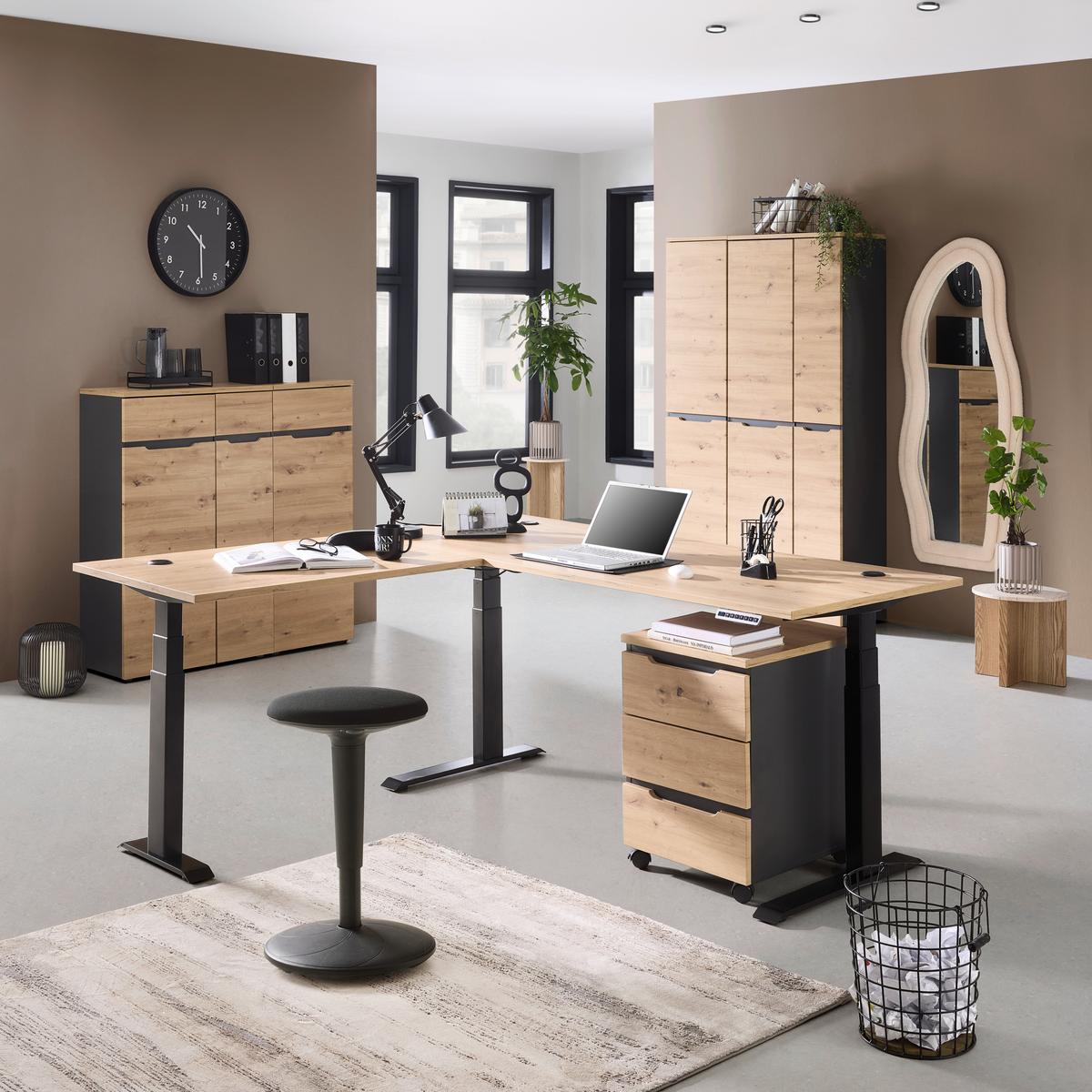 Eckschreibtisch Memphis In Eiche Artisan/graphitfarben - Graphitfarben/Eiche Artisan, Modern, Holzwerkstoff/Metall (185/77/64-129cm) - Premium Living