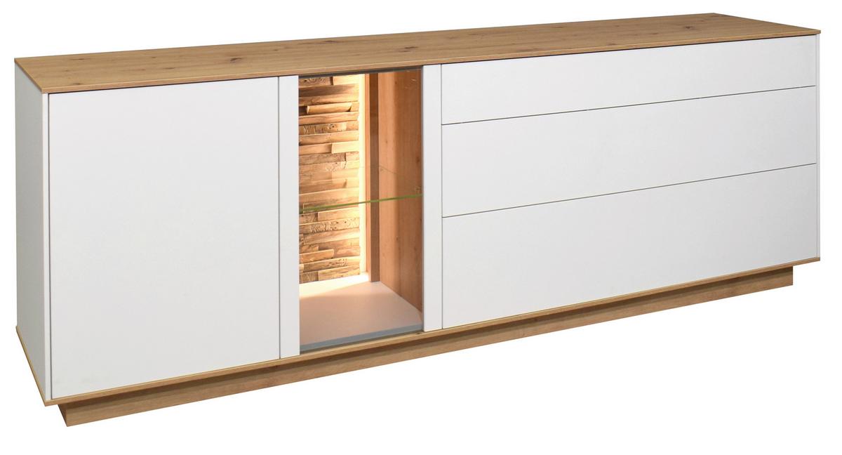 Comodă TV HALVAR - alb/stejar Artisan, Modern, sticlă/lemn (207/71/42cm) - Modern Living