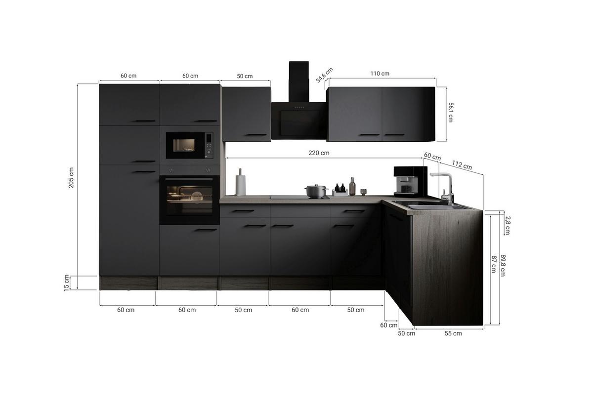 Kotna Kuhinja Z Aparati Oliver, 340x172cm - črna/siva, Design, kovina/leseni material (340/172cm) - Respekta
