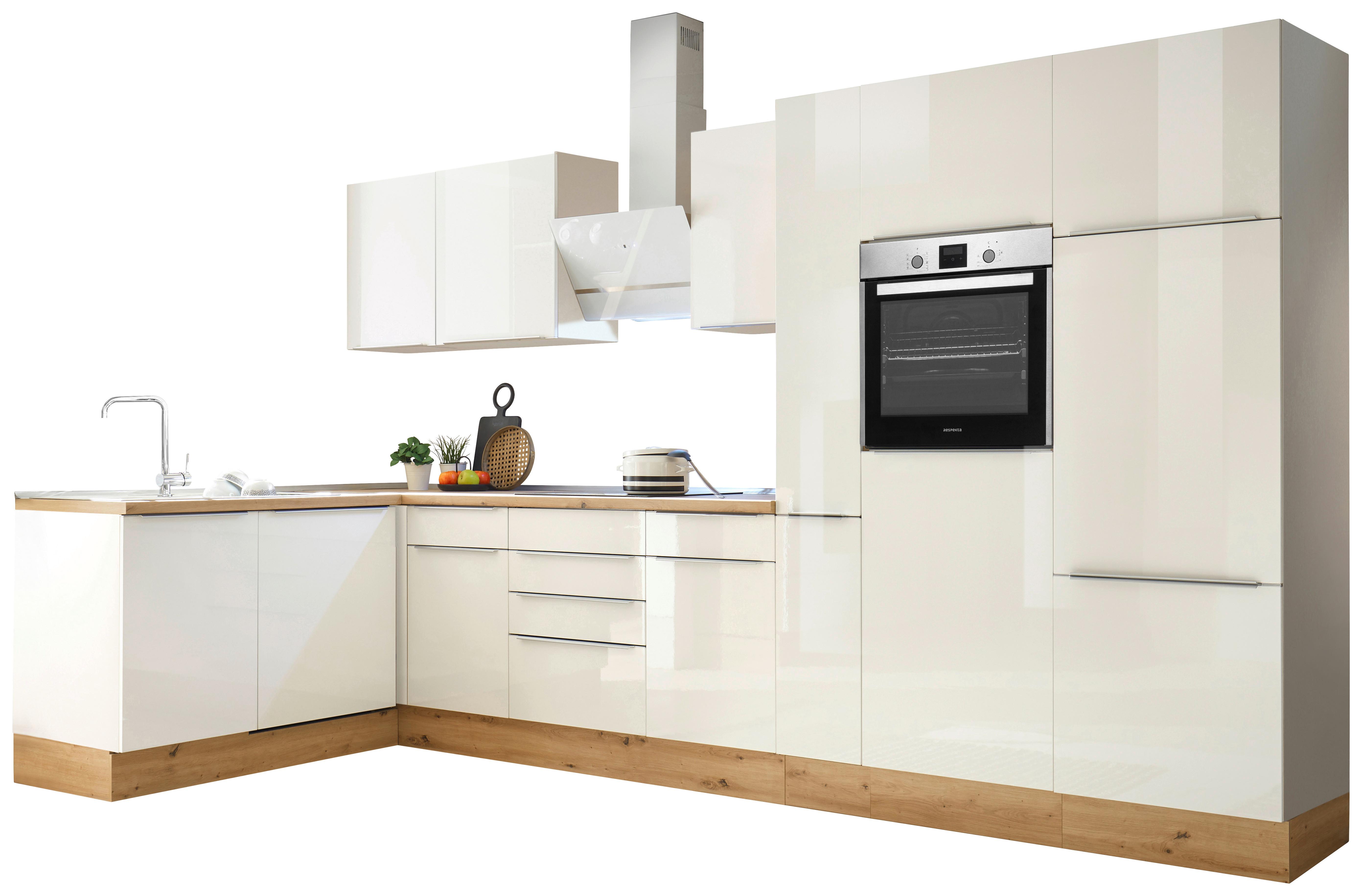 Eckküche Marleen mit Geräten Weiß Hochgl/Eiche ca.370x170cm - Weiß Hochglanz/Alufarben, LIFESTYLE, Holzwerkstoff/Kunststoff (170/370cm) - Respekta
