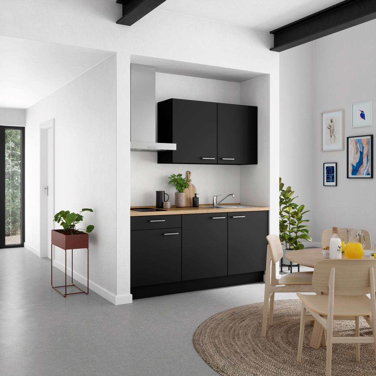 Küchenblock Touch Low m. Geräten Schwarz - Edelstahlfarben/Eichefarben, MODERN, Holzwerkstoff/Metall (180cm) - Nobilia