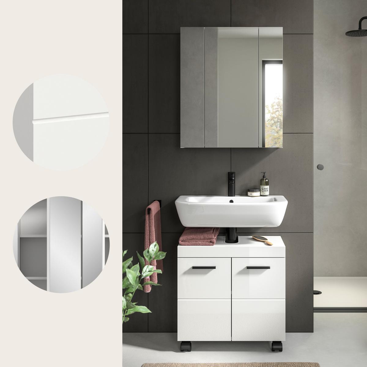 Badezimmer NOVA Weiß, Weiß Hochglanz 2-teilig - Weiß Hochglanz/Schwarz, Trend, Glas/Holzwerkstoff (60cm) - MID.YOU
