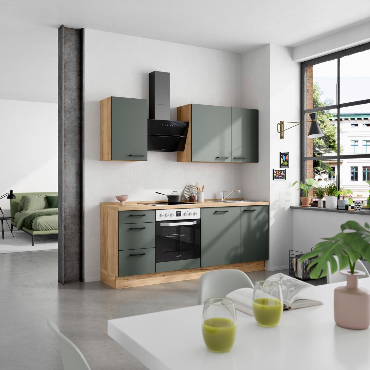 Küchenblock Easytouch High m. Geräten Dunkelgrün - Dunkelgrün/Eichefarben, MODERN, Holzwerkstoff/Metall (210cm) - Nobilia