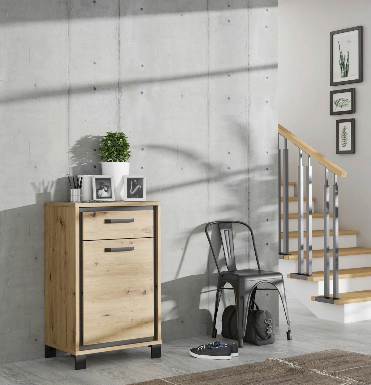 Schuhschrank "Trondheim" , Eiche - Eichefarben/Schwarz, Basics, Holzwerkstoff/Kunststoff (54,4/90,9/41,5cm) - Livetastic