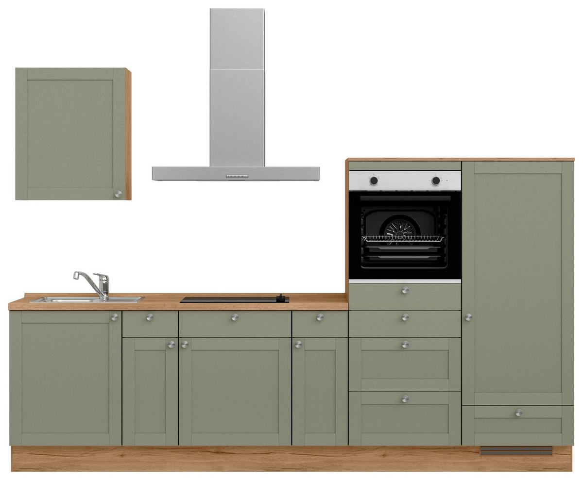 Küchenleerblock Frame Low o. Geräte Olivgrün - Edelstahlfarben/Eichefarben, MODERN, Holzwerkstoff/Metall (300cm) - Nobilia