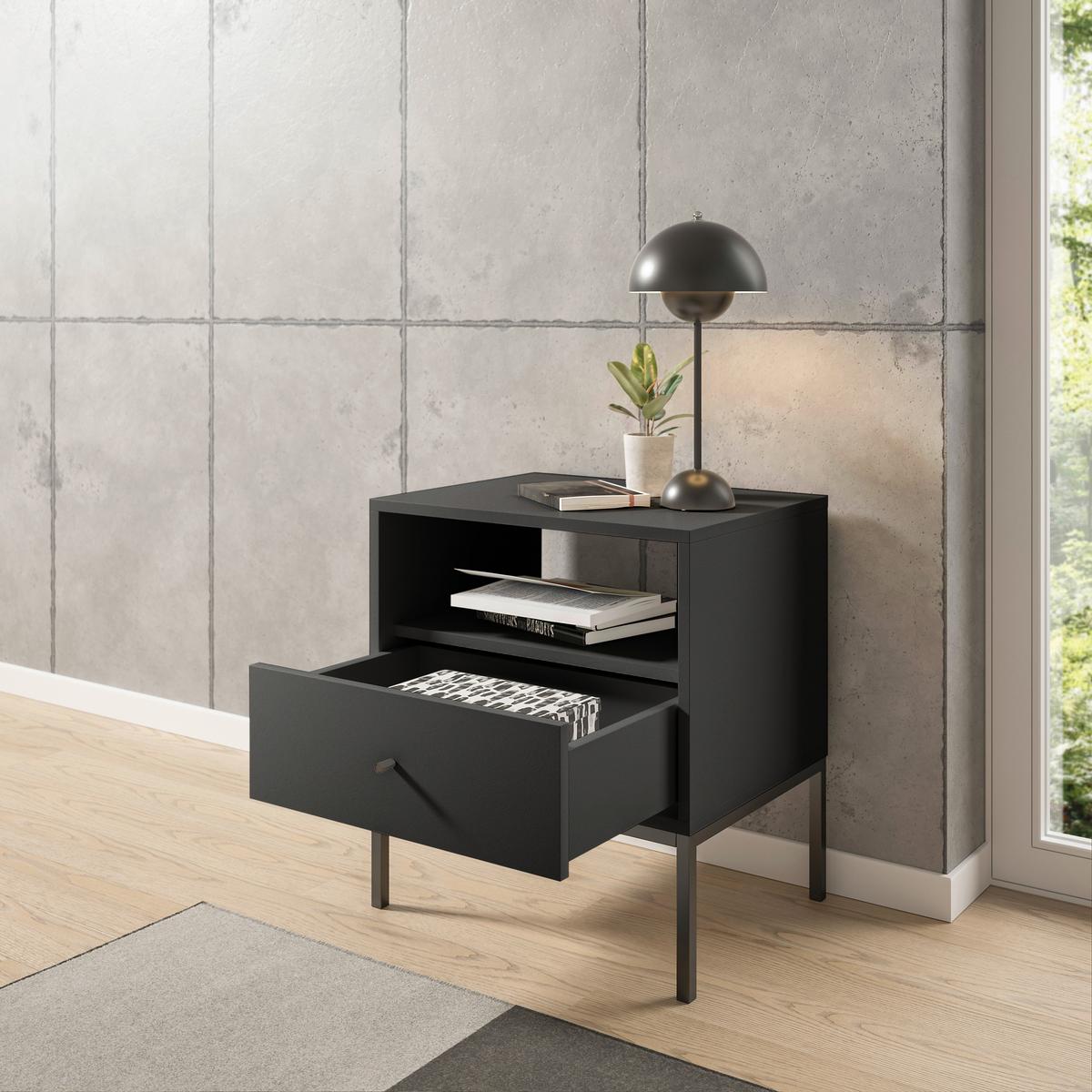 SZAFKA NOCNA INES - czarny/kolor grafitowy, Modern, materiał drewnopochodny/metal (54/56/39cm) - MID.YOU