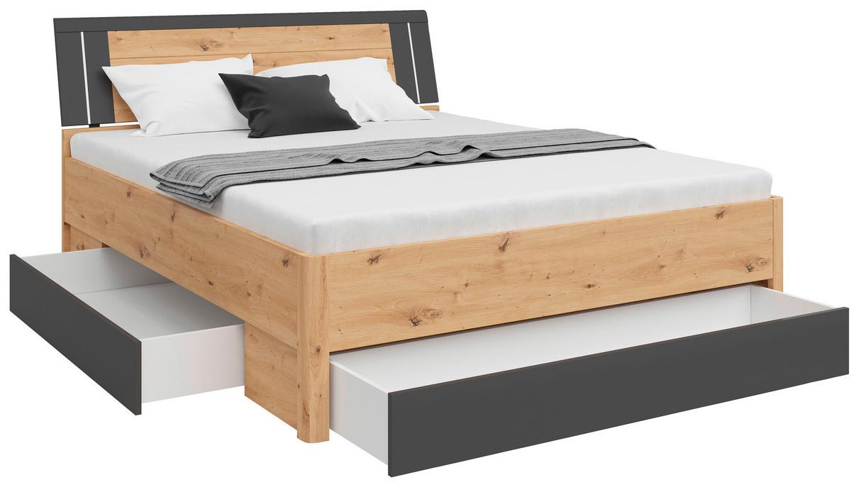 Pat cu spațiu de depozitare SATURN 160 - grafit/stejar Artisan, Konventionell, material pe bază de lemn (160/200cm)