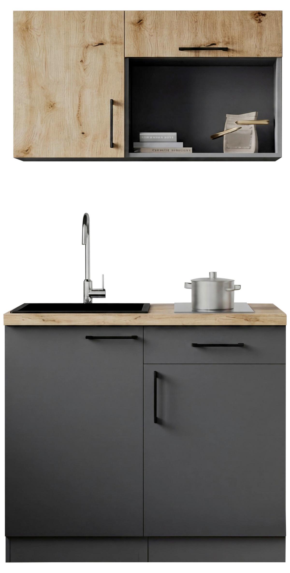Miniküche Oliver m. Gerät ca. 100cm Grau - Eiche Artisan/Grau, Trend, Holzwerkstoff/Metall (100cm) - Respekta