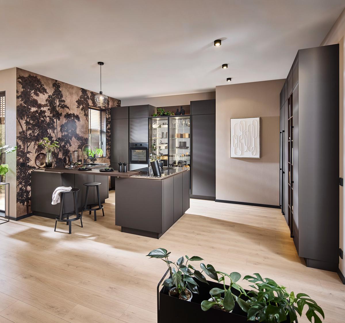 Einbauküche Softline o. Geräte Braun - Dunkelgrau/Schwarz, MODERN, Holzwerkstoff (324/306cm) - Nobilia