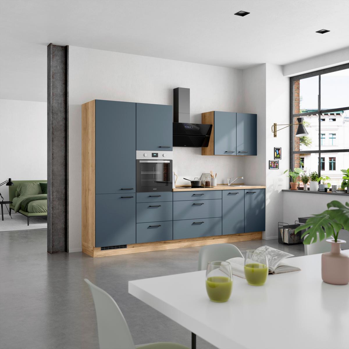 Küchenblock Easytouch High m. Geräten Dunkelblau - Eichefarben/Schwarz, MODERN, Holzwerkstoff/Metall (300cm) - Nobilia