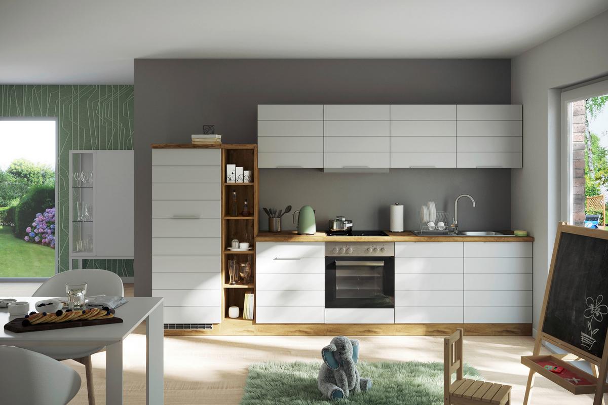 Küchenblock Florenz ohne Geräte ca. 330 cm Weiß/Eiche - Eiche Wotan/Weiß, Design, Holzwerkstoff/Metall (330cm) - Held