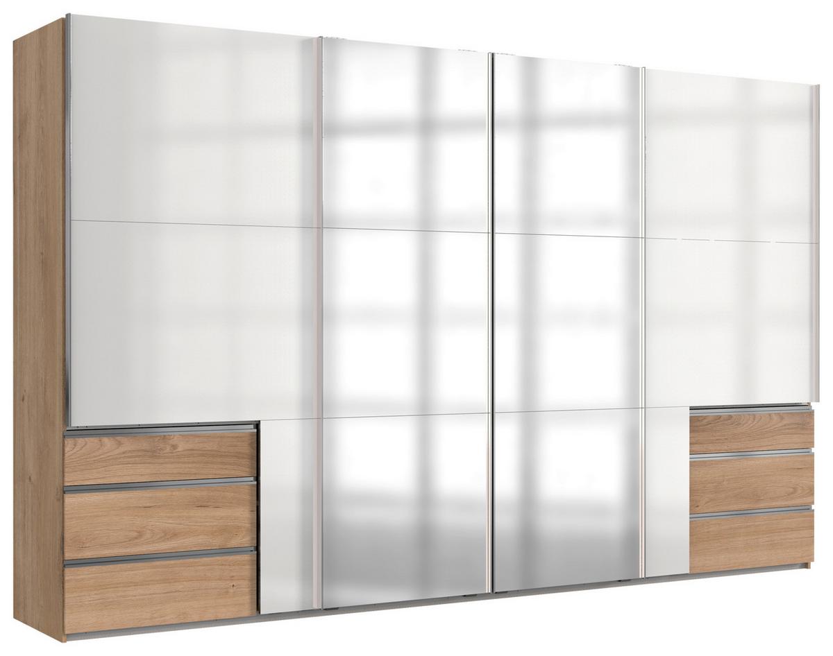 Schwebetürenschrank Level 36D ca. 350 cm Weiß/Eiche Dekor - Chromfarben/Weiß Hochglanz, MODERN, Holzwerkstoff/Metall (350/216/65cm) - MID.YOU
