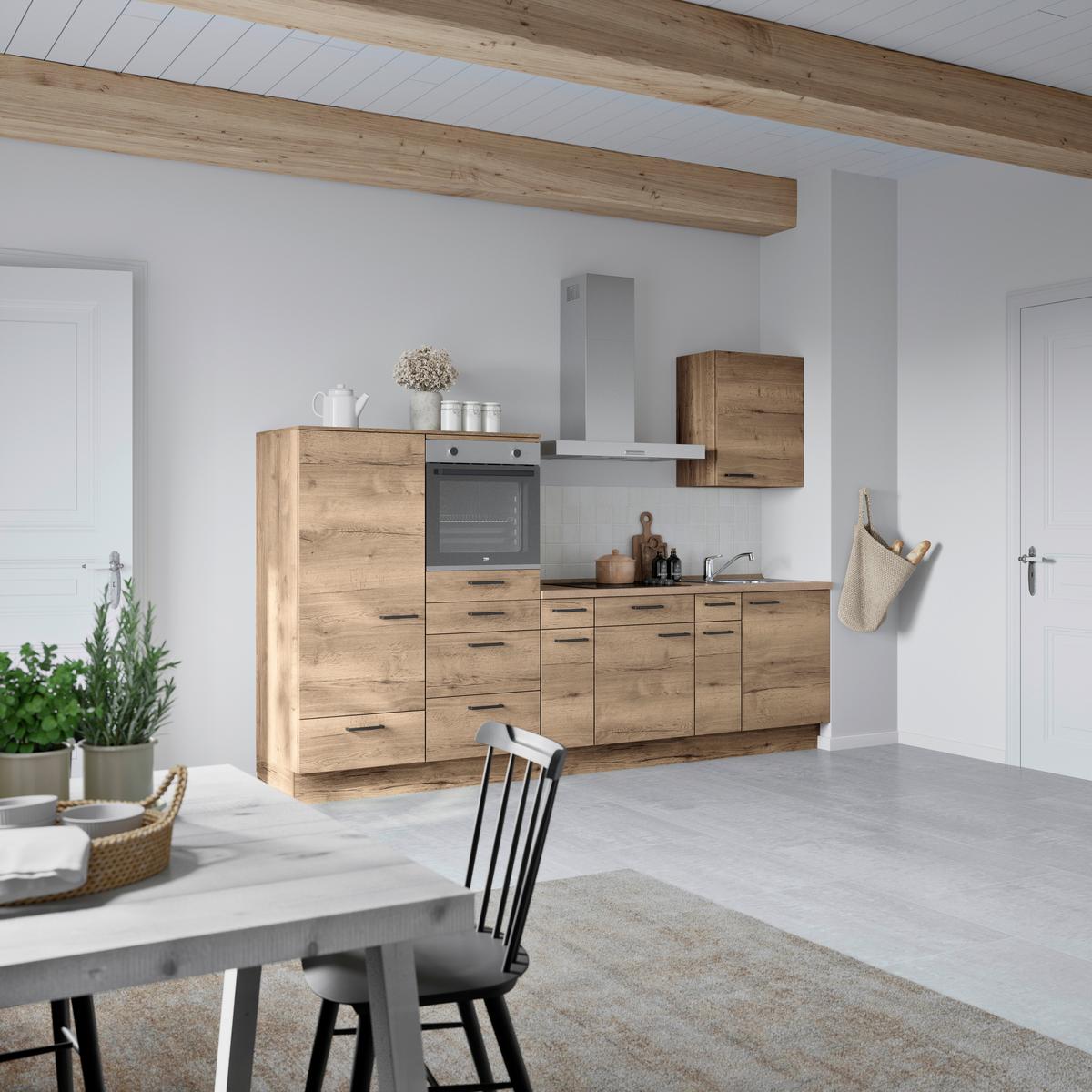 Küchenblock Structura Low m. Geräten Eiche dunkel - Eiche dunkel/Eichefarben, MODERN, Holzwerkstoff/Metall (300cm) - Nobilia