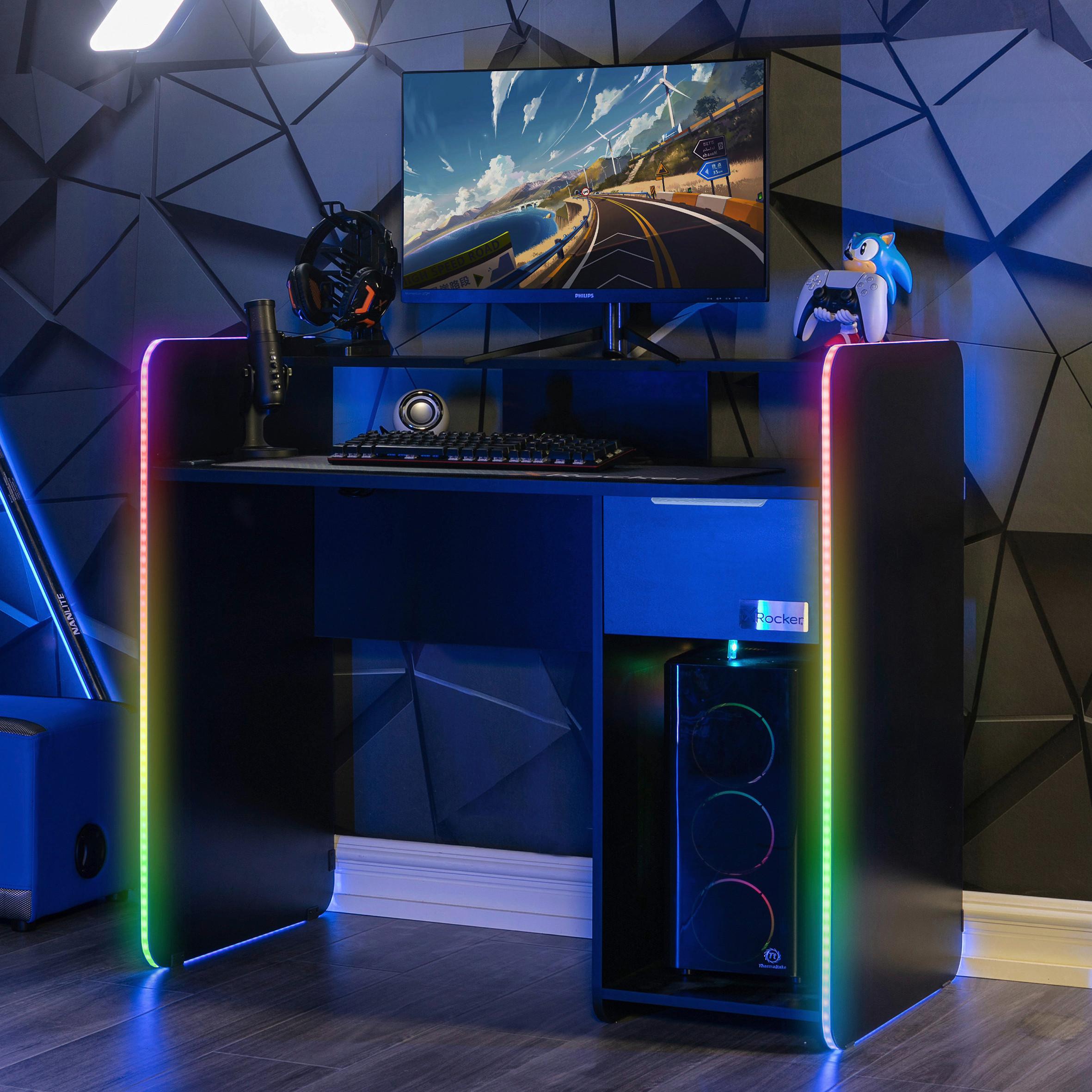 Gamingtisch Electra ca. 110x55x95cm Schwarz mit LED - Grau Hochglanz/Schwarz, MODERN, Holzwerkstoff/Metall (110/55/95cm) - X Rocker