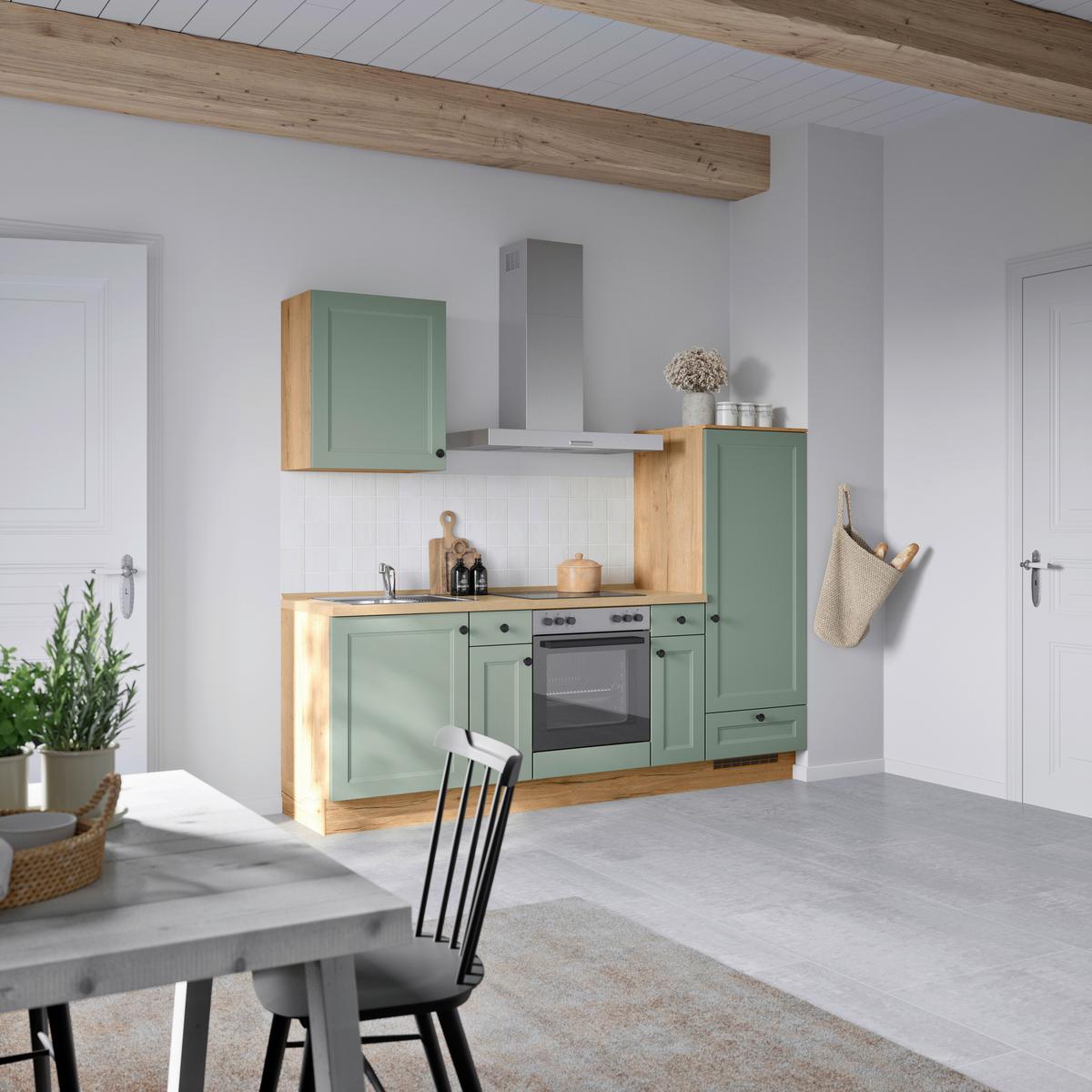 Küchenblock Cascada Low m. Geräten Schilfgrün - Schilfgrün/Eichefarben, MODERN, Holzwerkstoff/Metall (240cm) - Nobilia