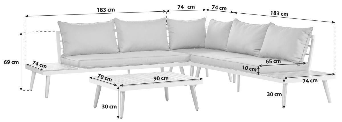Lounge Garnitura Madeira, Bela, Siva, Les Akacije - temno siva/bela, Moderno, kovina/tekstil (90/30/70cm) - Beldano