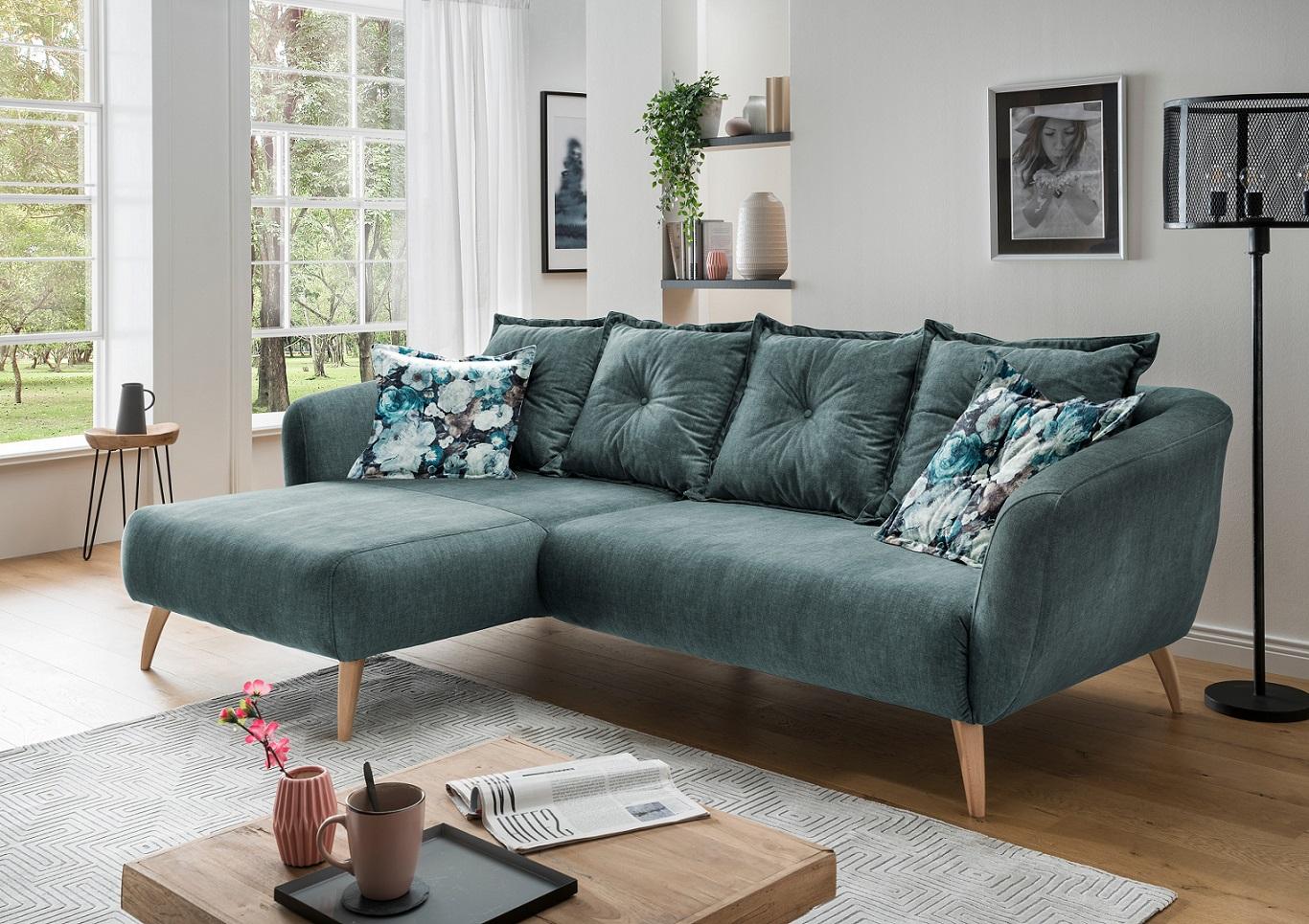 Wohnlandschaft Baggio Blau Velours - Blau/Buchefarben, MODERN, Holz/Textil (162/277cm) - Livetastic