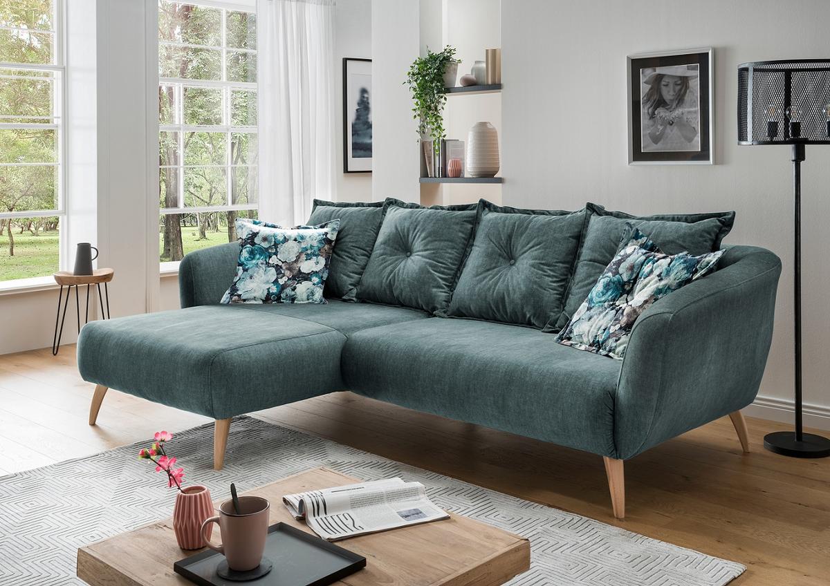 Wohnlandschaft Baggio Blau Velours - Blau/Buchefarben, MODERN, Holz/Textil (162/277cm) - Livetastic