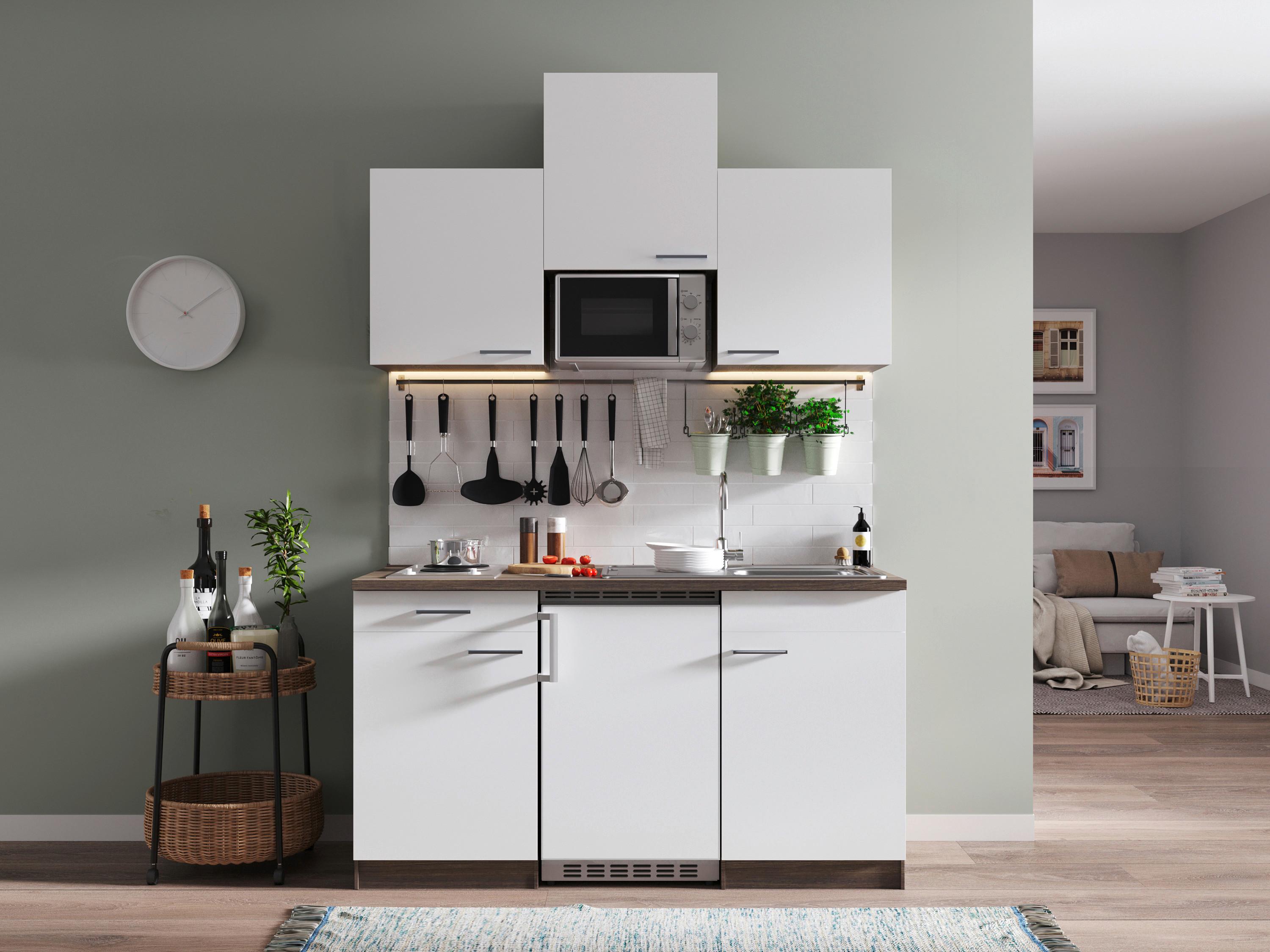 Miniküche Oliver mit Geräten ca. 150 cm Weiß - Eichefarben/Alufarben, Basics, Holzwerkstoff/Kunststoff (150cm) - Respekta