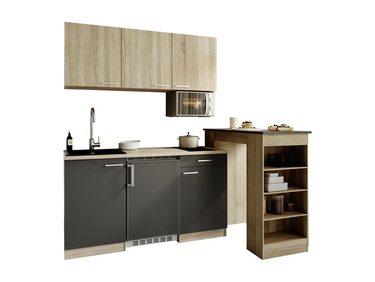 Miniküche Ingrid m. Geräten ca. 150cm Grau - Eichefarben/Alufarben, Design, Holzwerkstoff/Kunststoff (150cm) - Respekta